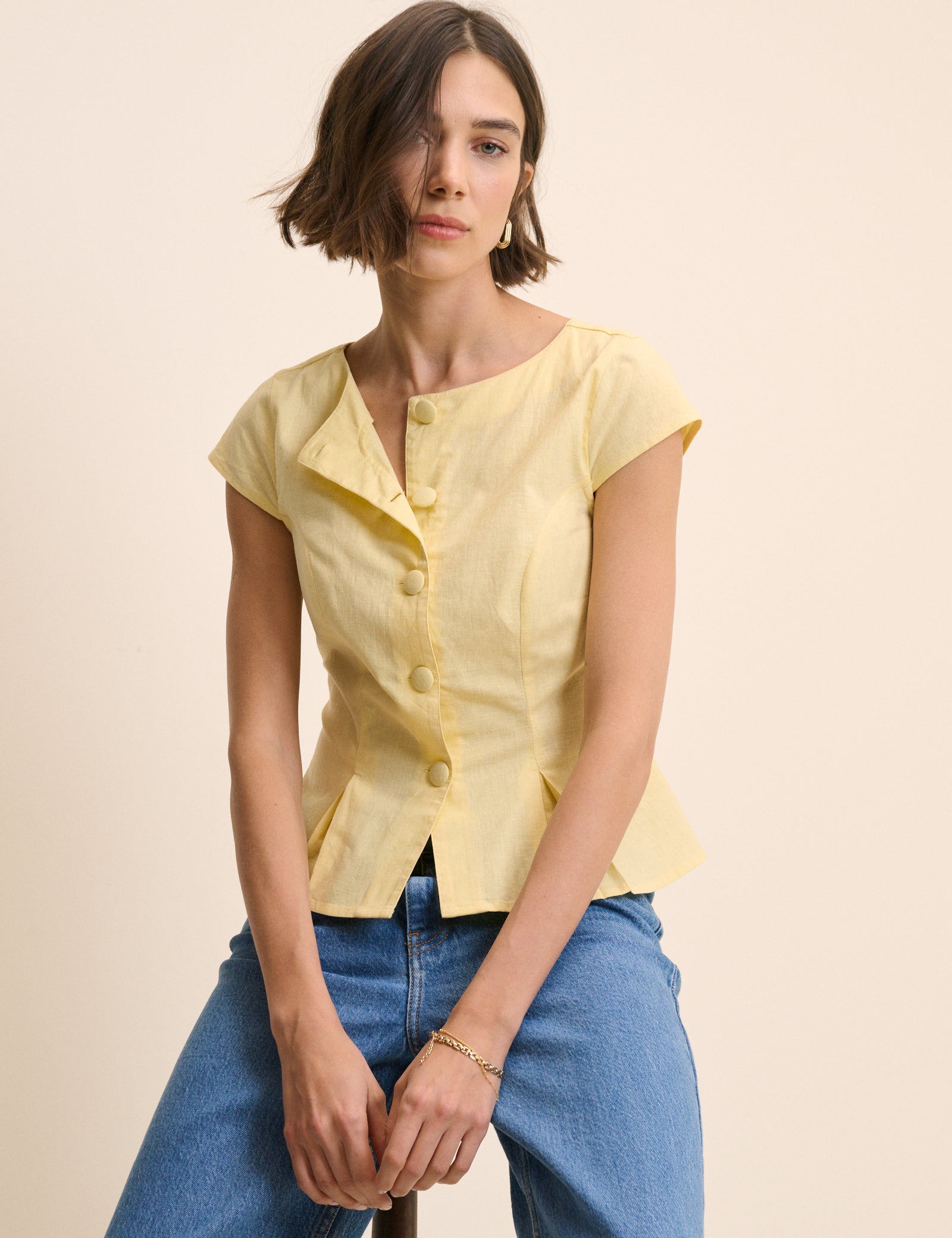 Butter Yellow Tailored Pleated Blouse