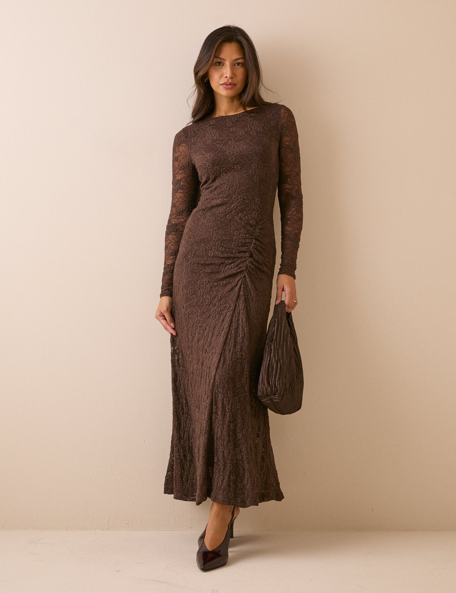 Brown Lace Ruched Jersey Hailey Midi Dress
