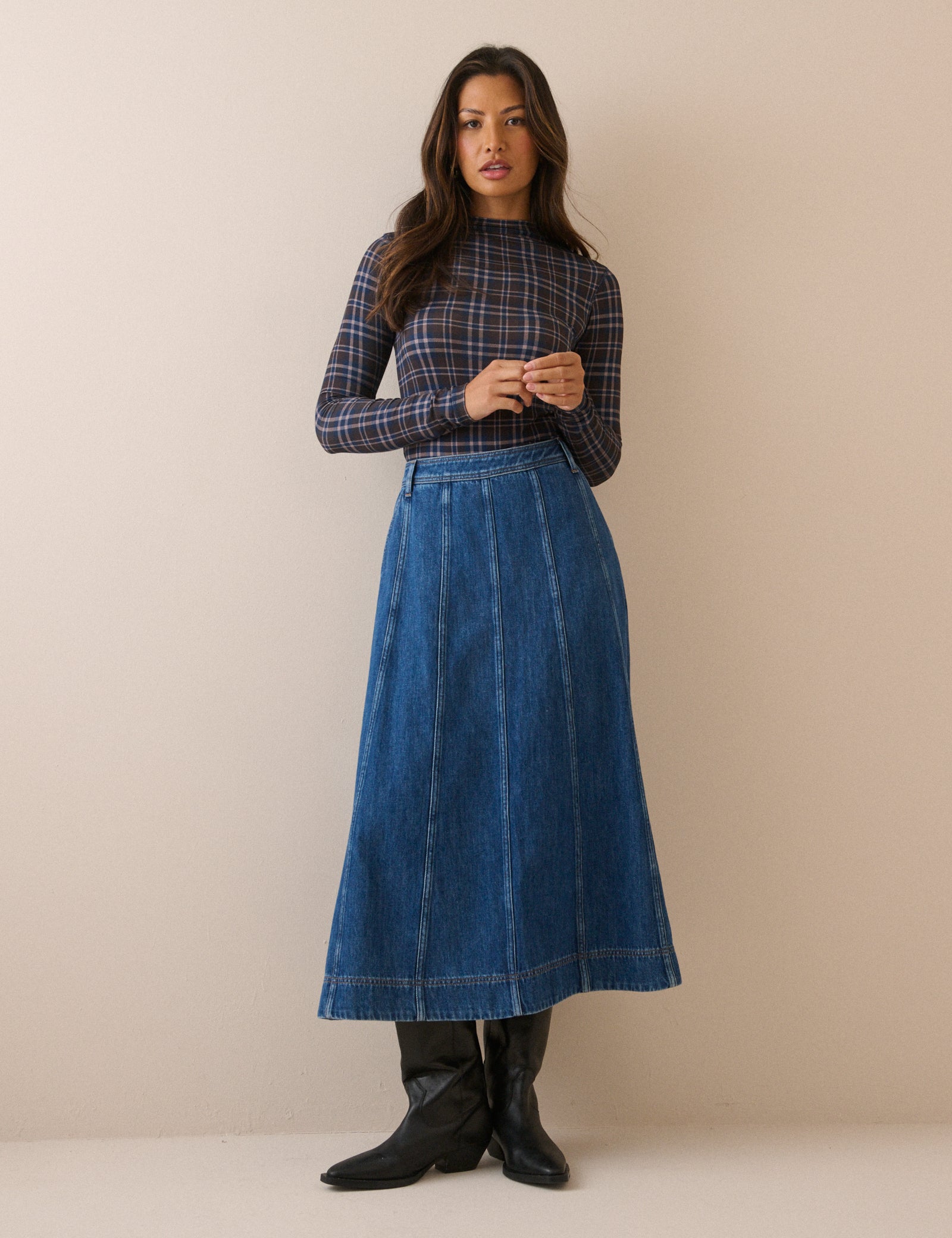 Mid Wash Panelled Denim Midi Skirt