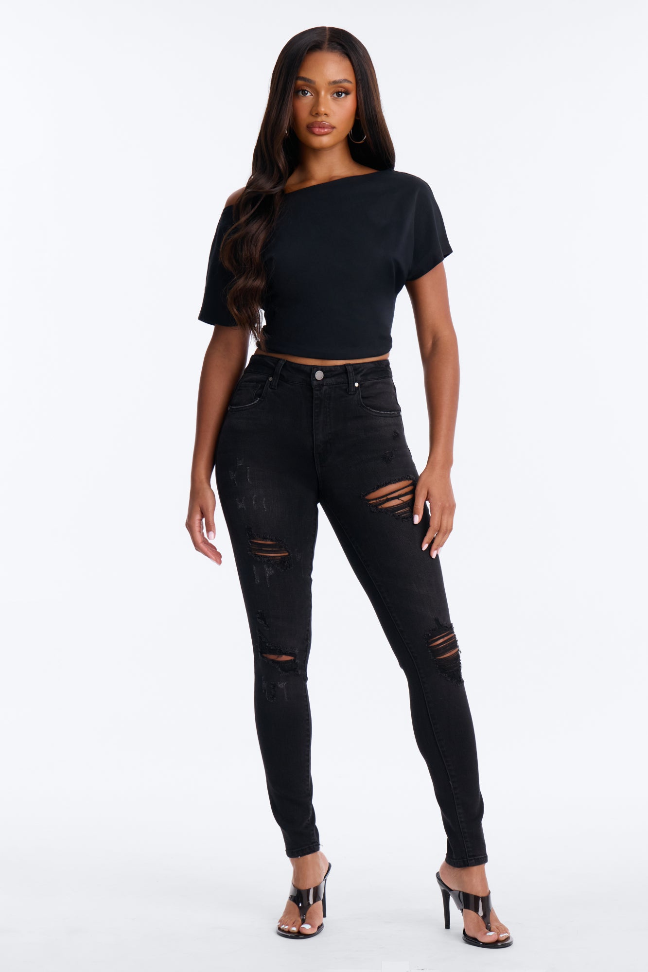 Bring The Best Mid Waist Ripped Skinny Jeans - Black