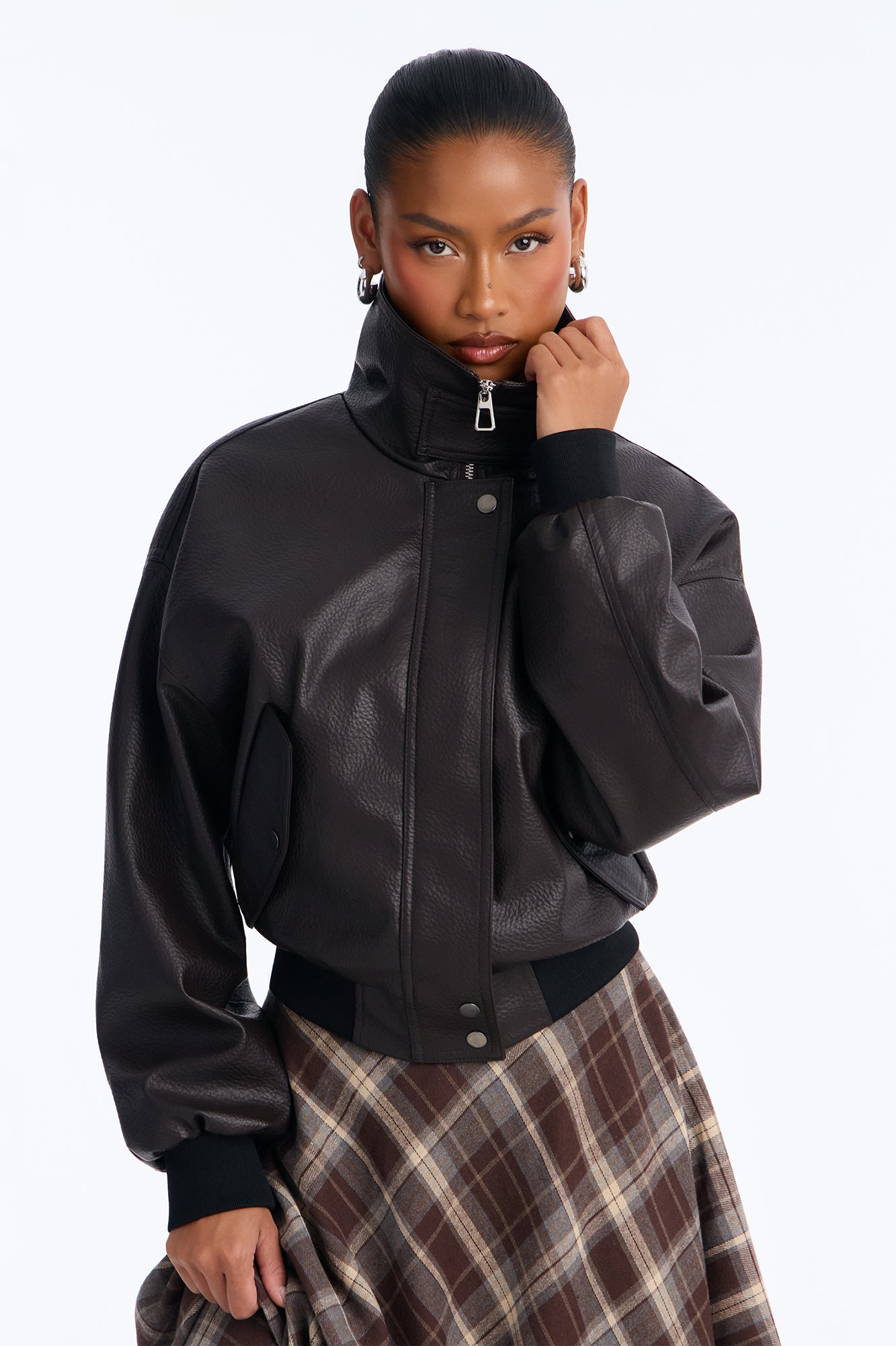 Hailey Faux Leather Funnel Neck Bomber - Chocolate