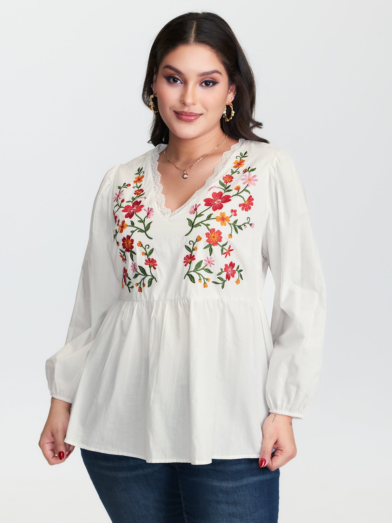 Floral Embroidered Lace Cinched Flared Blouse