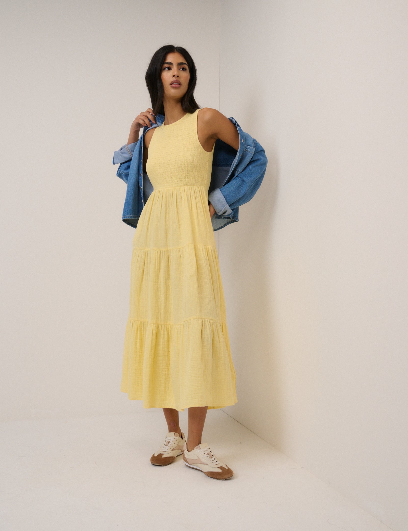 Yellow Sleeveless Tiered Charlie Midi Dress
