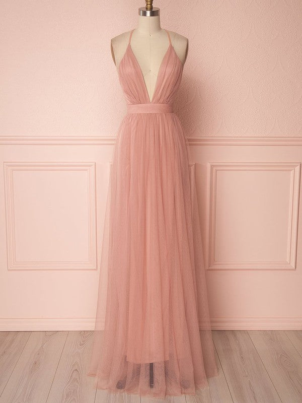 Glamorous A-Line Deep V-Neck Tulle Floor-Length Bridesmaid Dresses with Sash