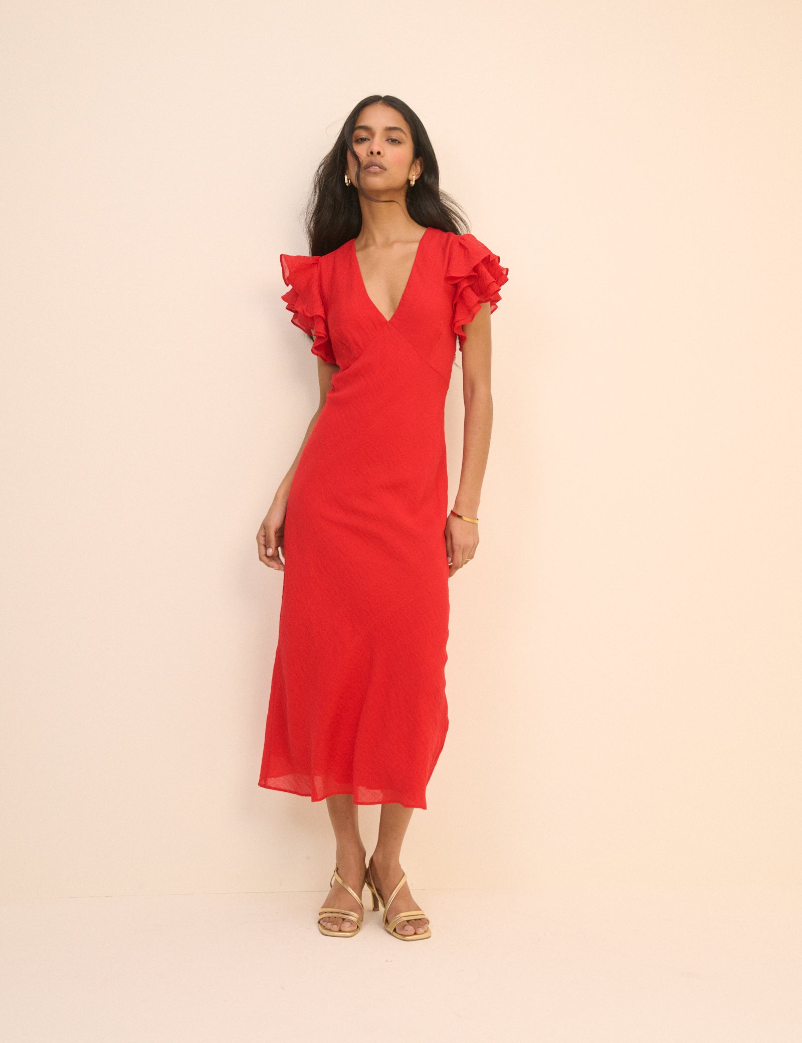 Red Frill Sleeve Layla Midi Dress