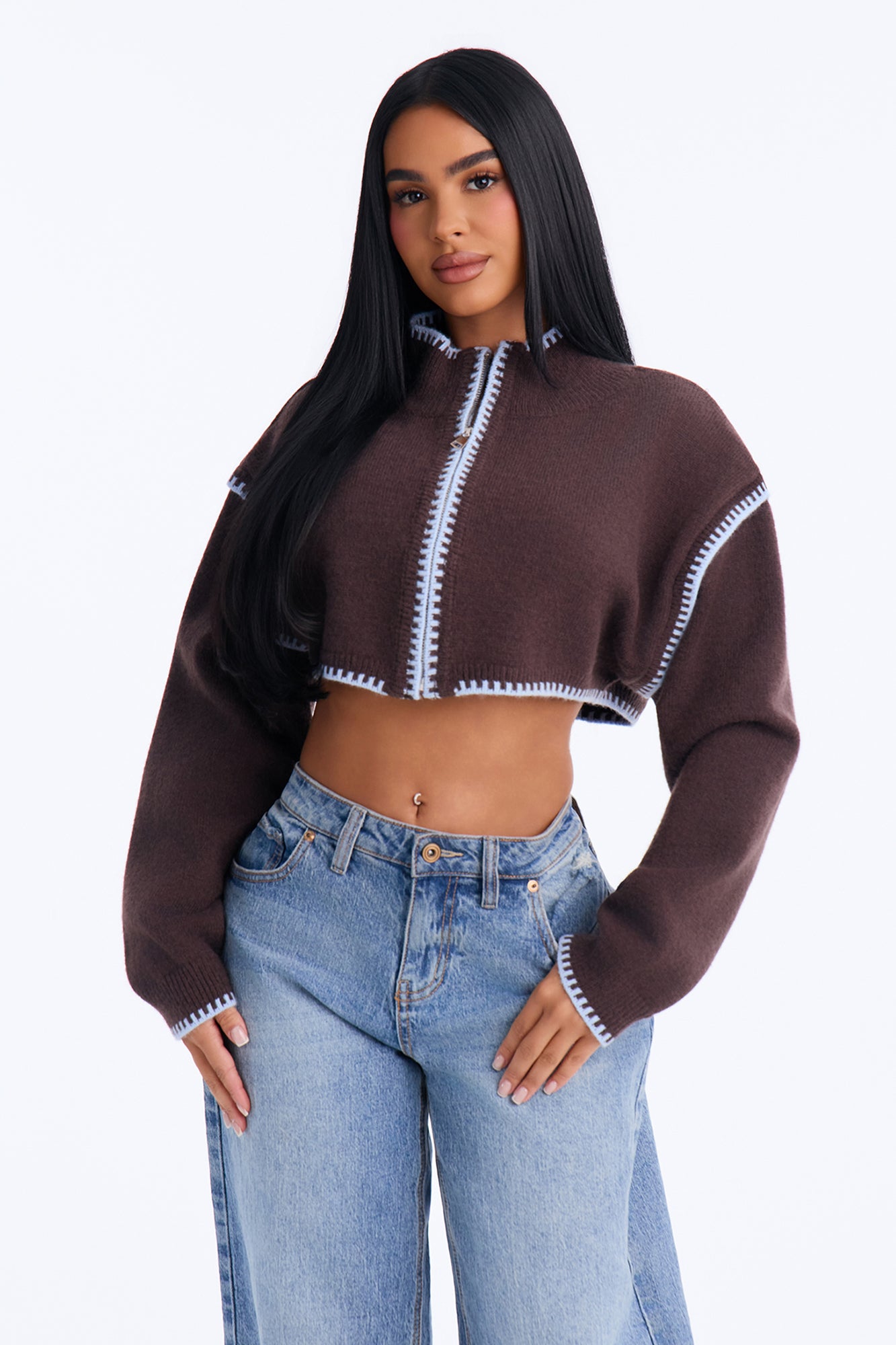 Fall Walks Cropped Contrast Cardigan Sweater - Chocolate/Combo
