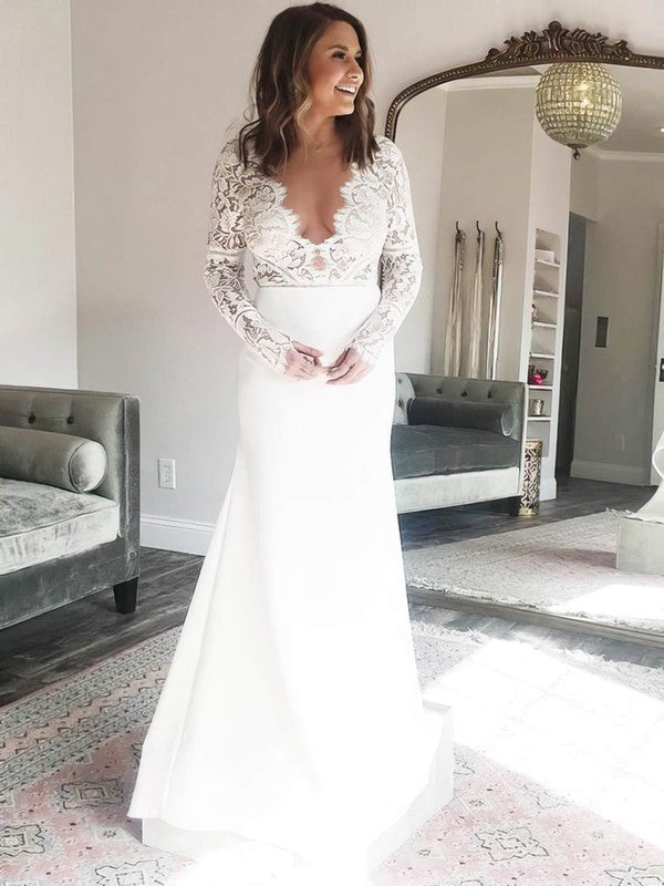 Elegant V-Neck Long Sleeves Lace Sheath Stretch Satin Wedding Dresses