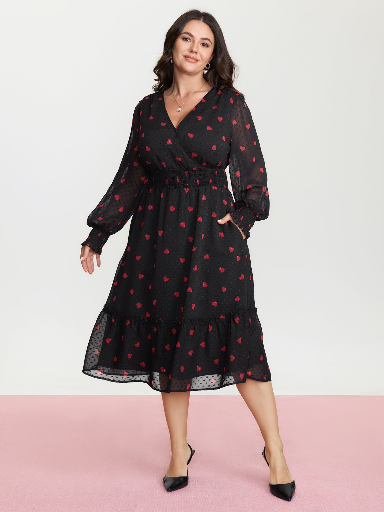 Fall in Love Print Shirred Waist Midi Dress