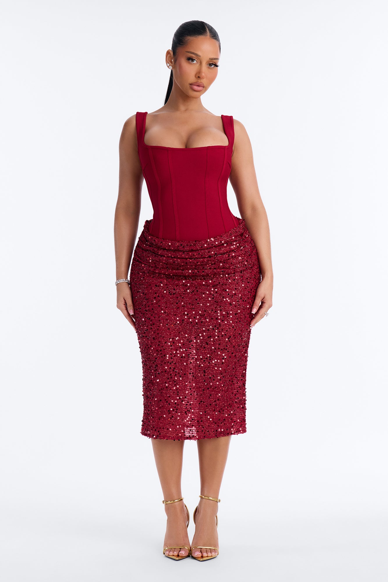 Stealing The Spotlight Bandage Sequin Midi Dress - Wine