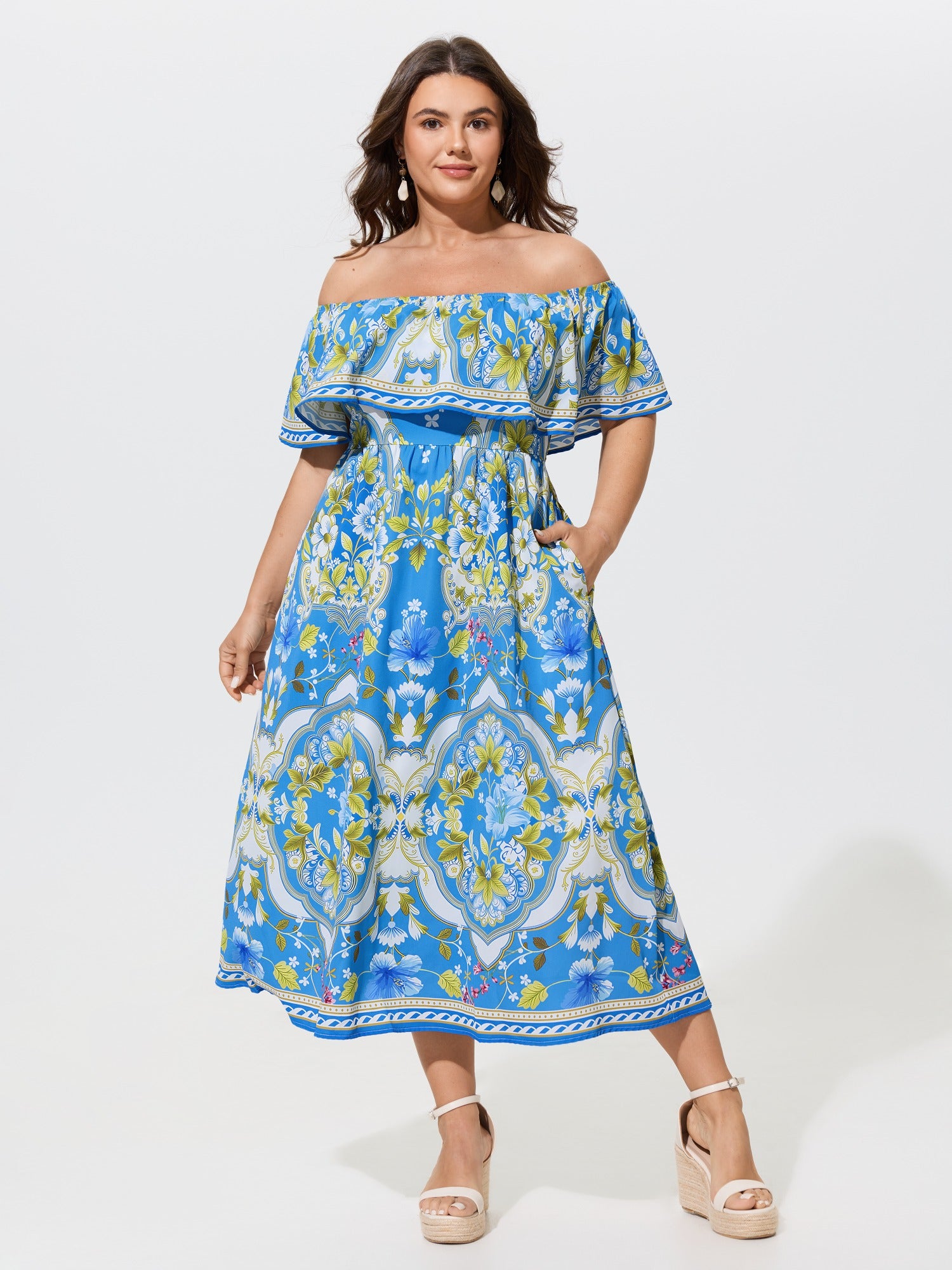 Boho Floral Print Off‑Shoulder Shirred Midi Dress