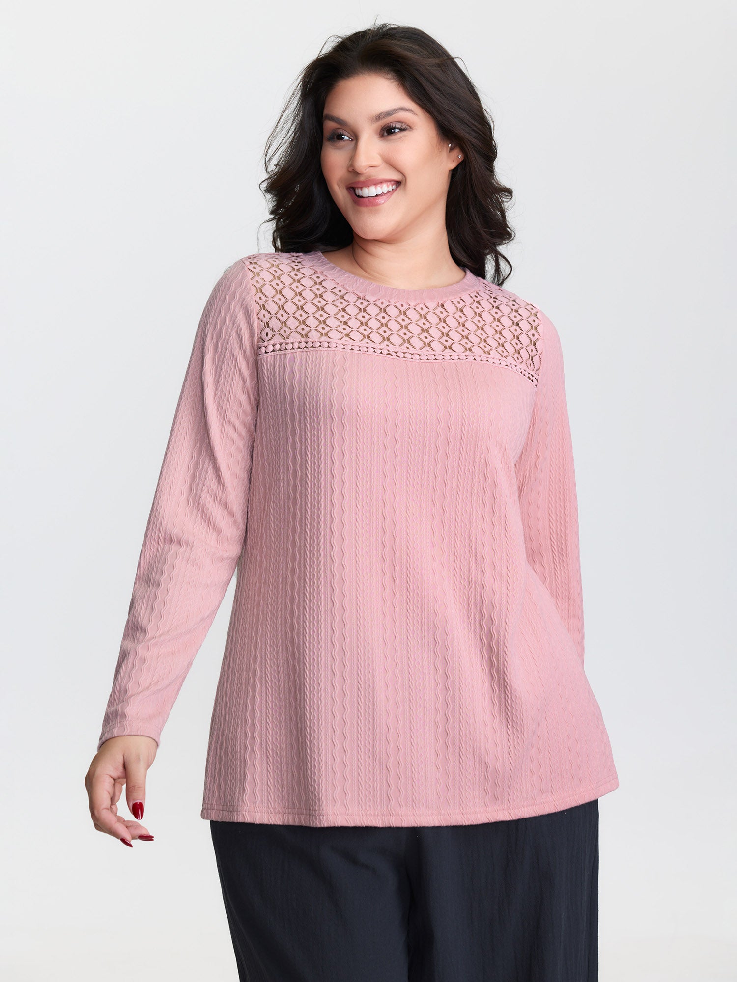 Lace Trim Textured Cut-Out T-Shirt