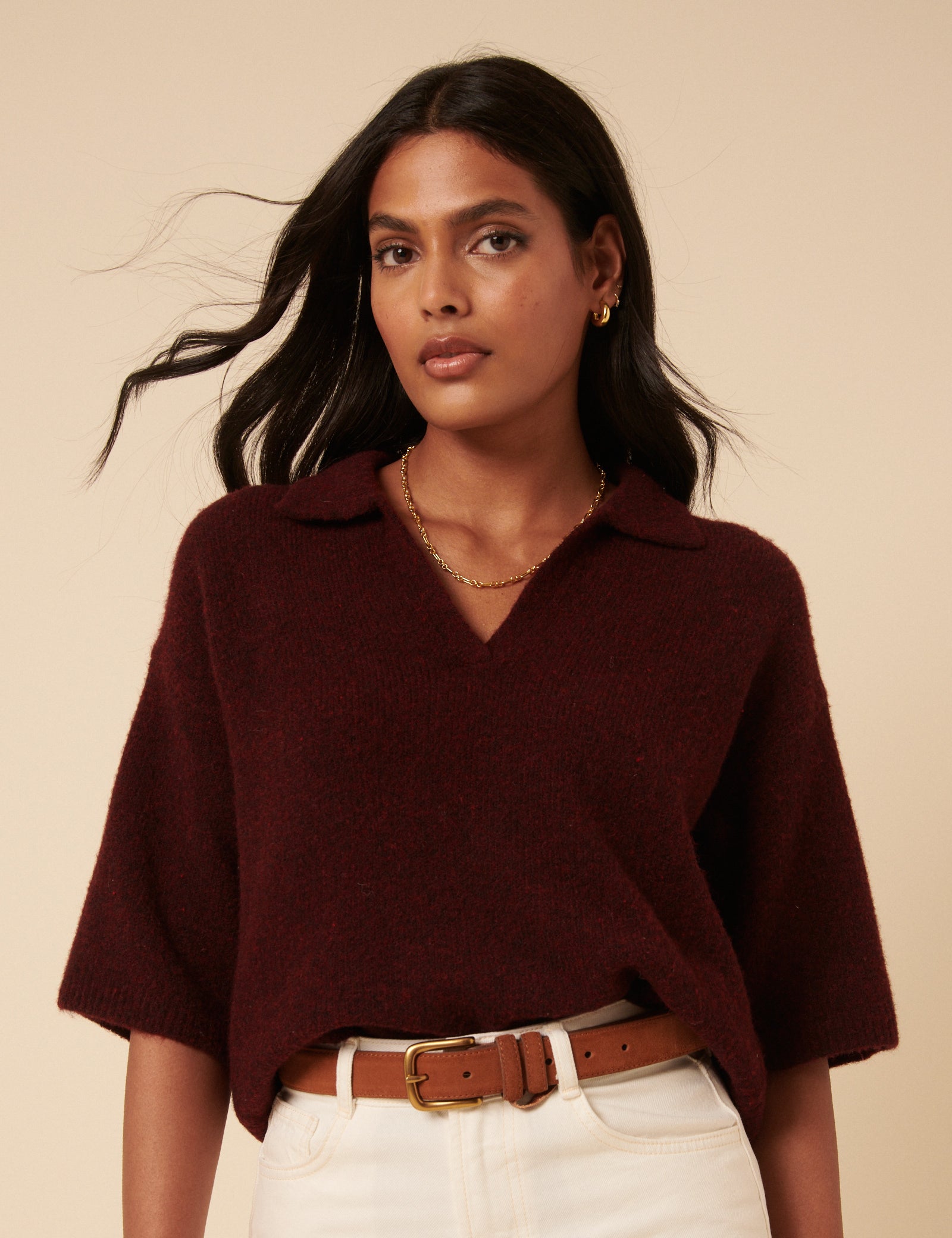 Burgundy Open Collar Polo Knitted T-Shirt