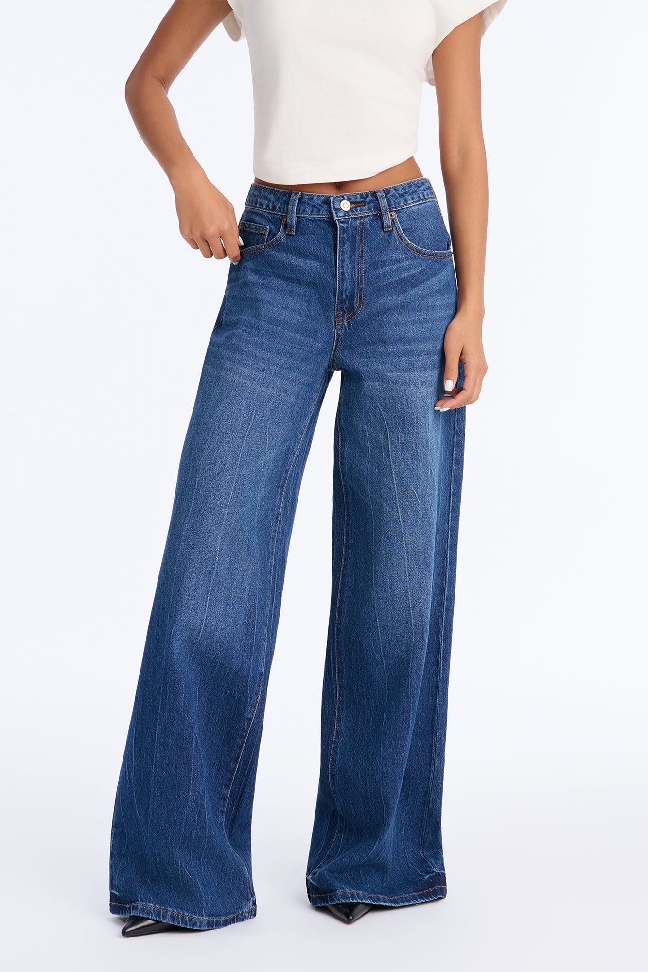 Vicente Waist Adjuster Low Stretch Wide Leg Jeans - Dark Wash