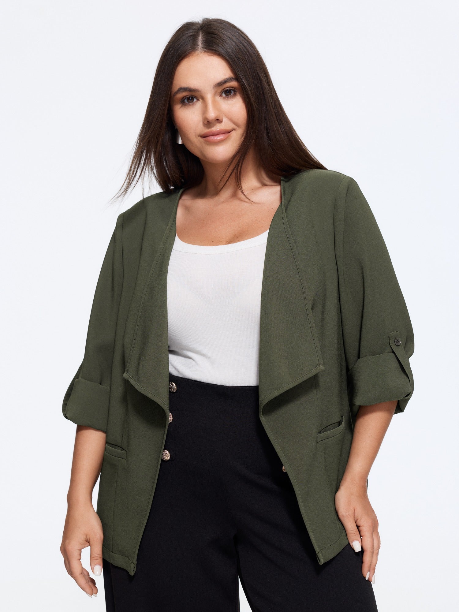 Stretch Lapel Collar Roll‑Tab Sleeve Open‑Front Blazer