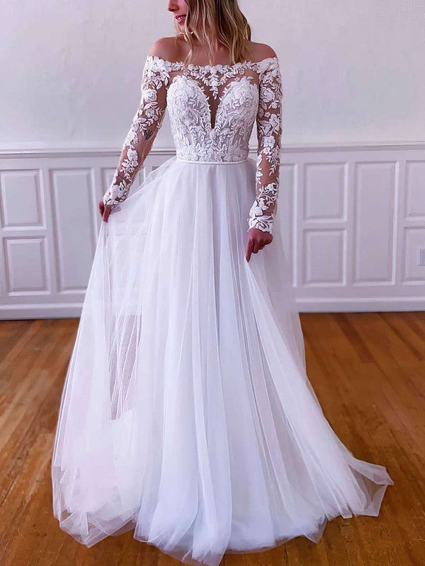 Elegant Off-The-Shoulder Long Sleeves Lace Ball Gown Tulle Wedding Dresses with Appliques