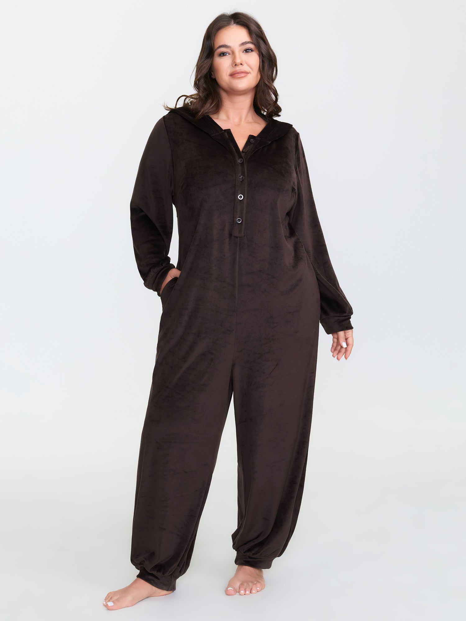 Stretchy Hooded Button Placket Pocket Lounge Jumpsuit
