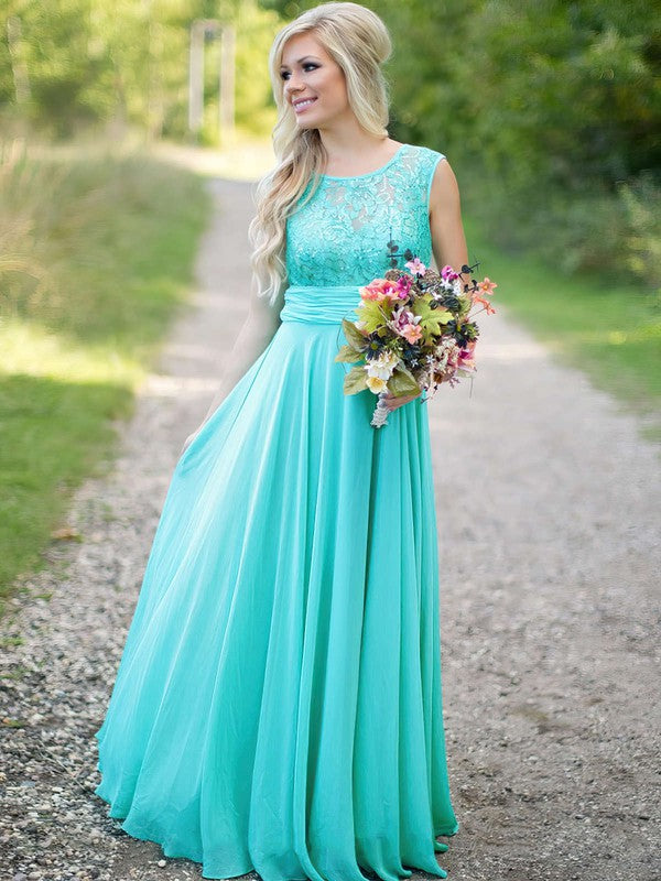 Gorgeous Crew Neck Sleeveless Lace Chiffon Floor-Length Bridesmaid Dresses