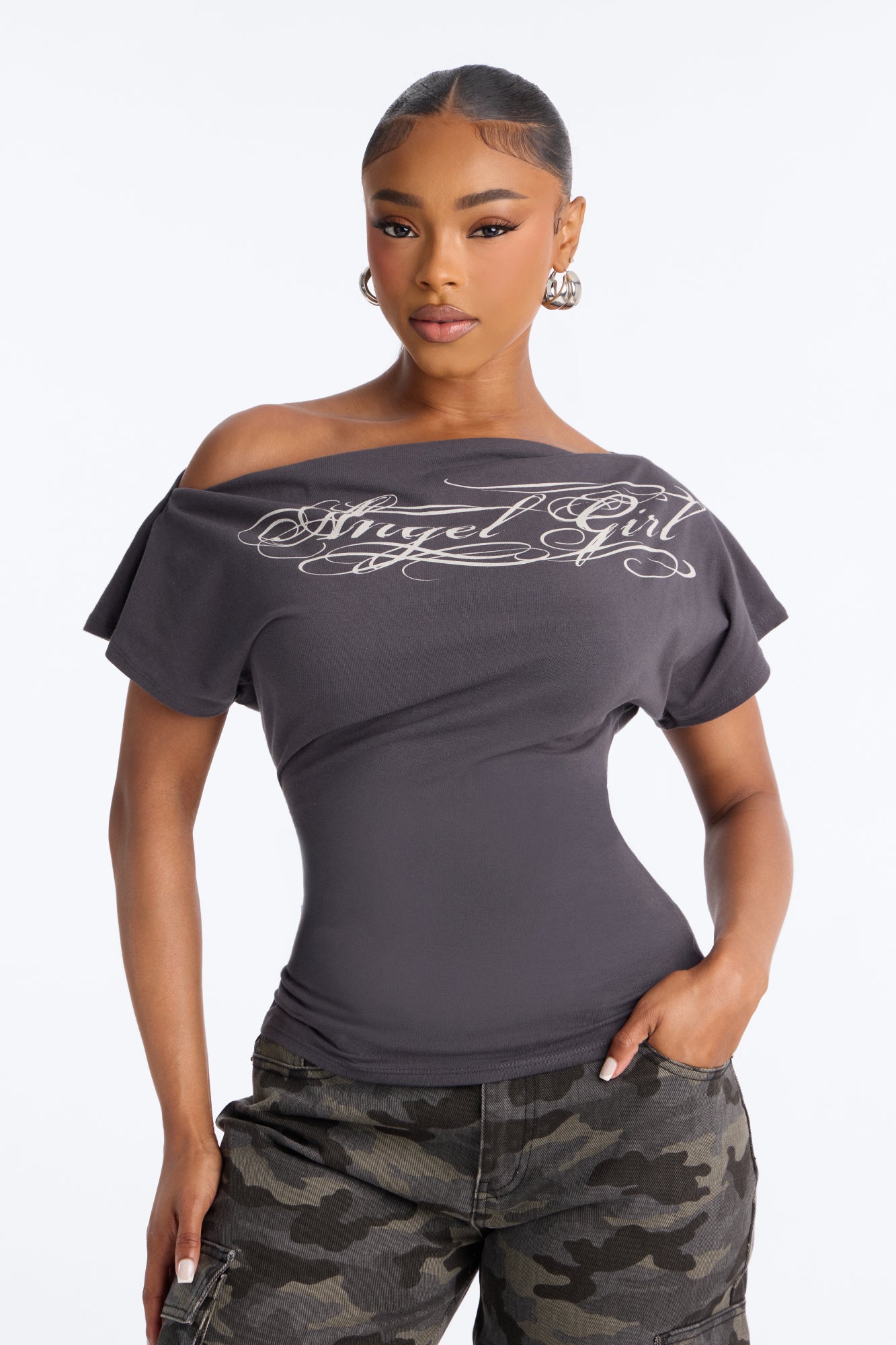 Angel Girl Off Shoulder Fitted Tee - Grey