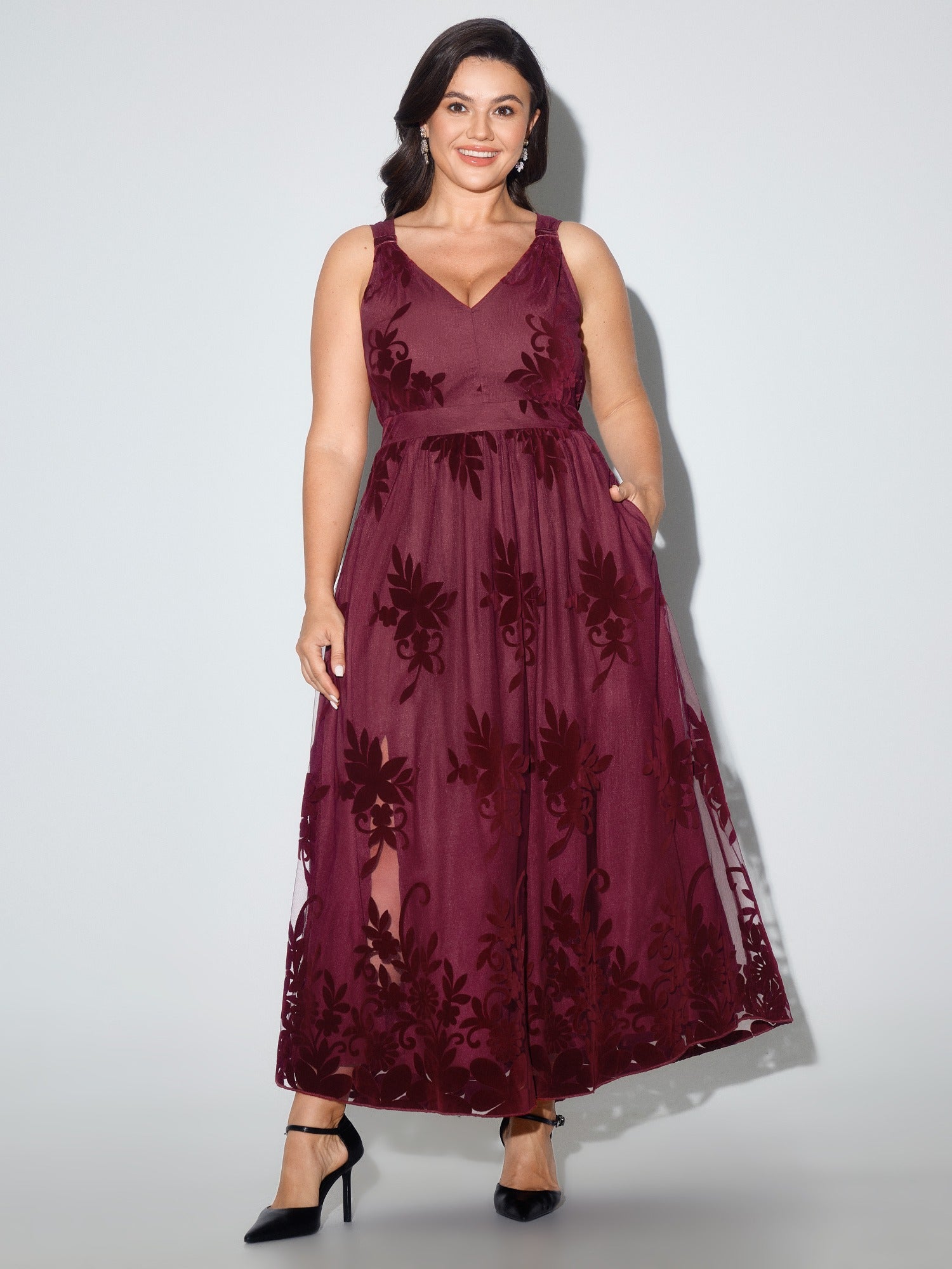 Floral Flocked Mesh V‑Neck Maxi Dress