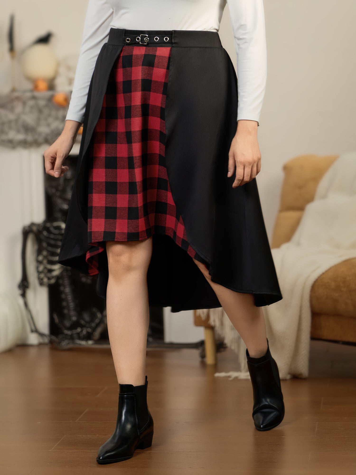 Plaid Patchwork High‑Low Hem Midi Skirt