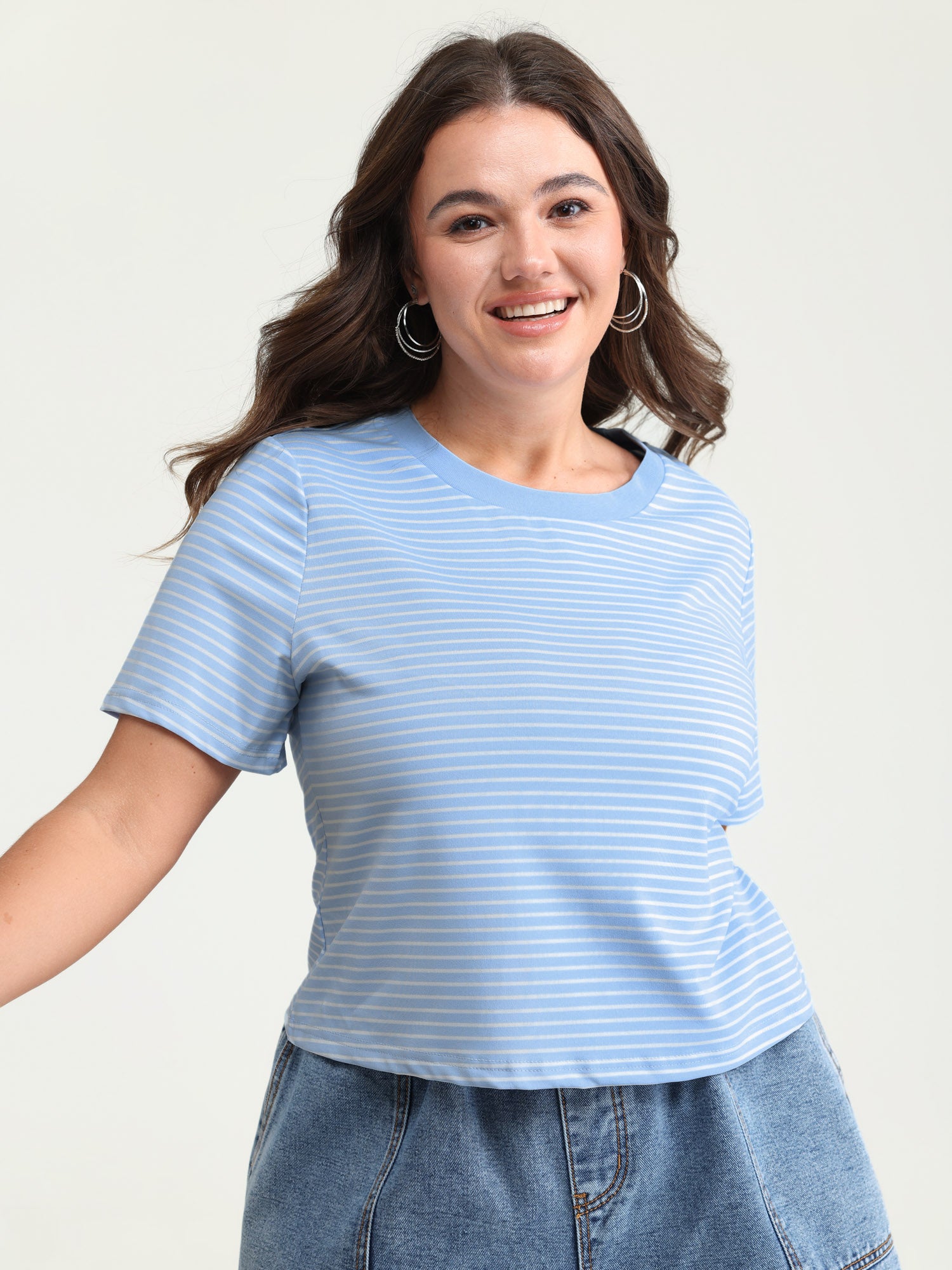 Striped Ribbed Fitted Crew Neck T-Shirt
