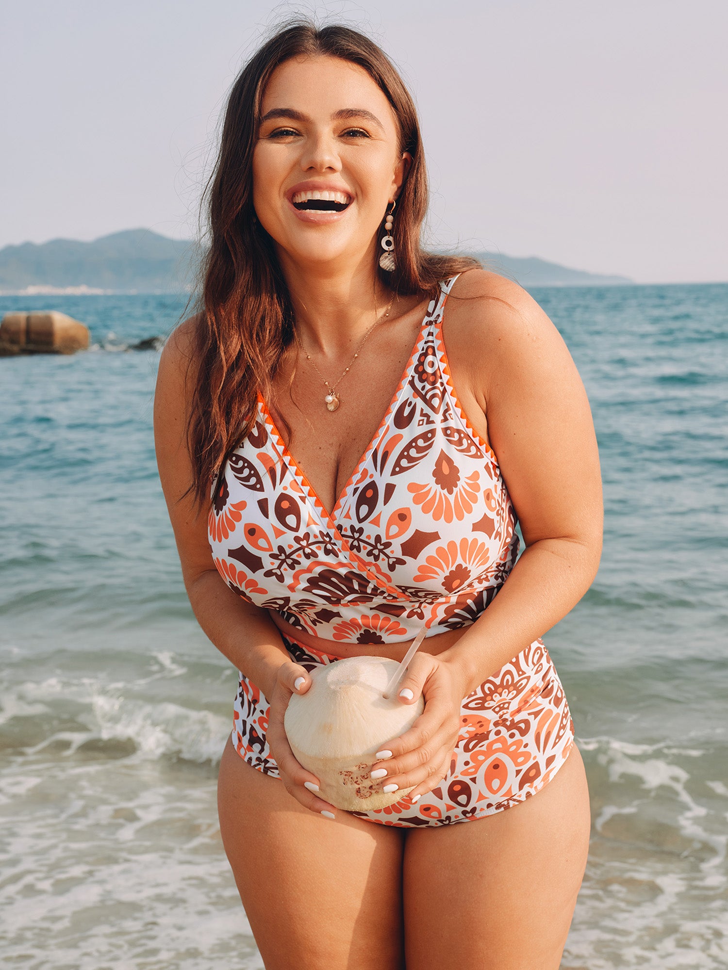 Geometric Embroidered Surplice Neckline Bikini Top