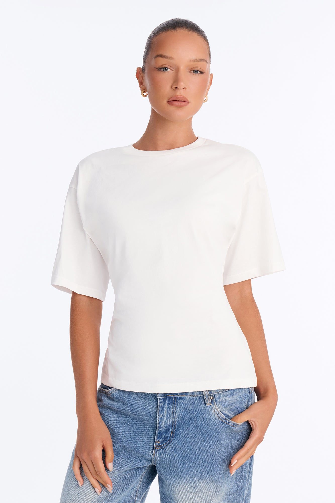 100% Premium Cotton Cinched Waist Crew T-Shirt - White