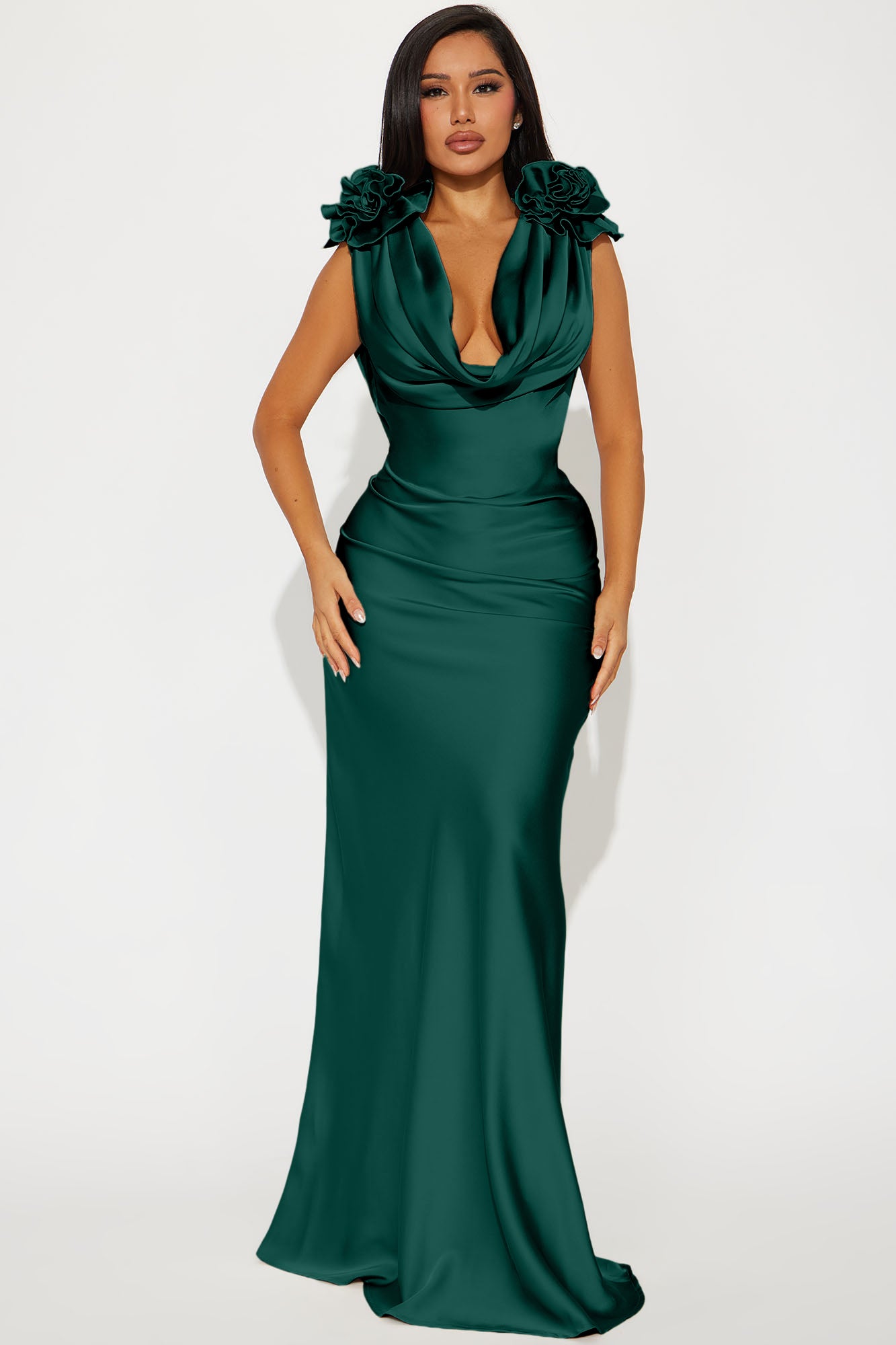 Positano Cowl Neck Satin Maxi Dress - Hunter Green