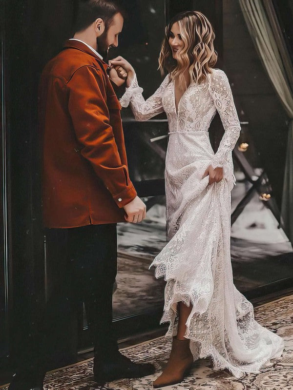 Gorgeous A-Line V-Neck Lace Long Sleeves Wedding Dresses Sweep Train