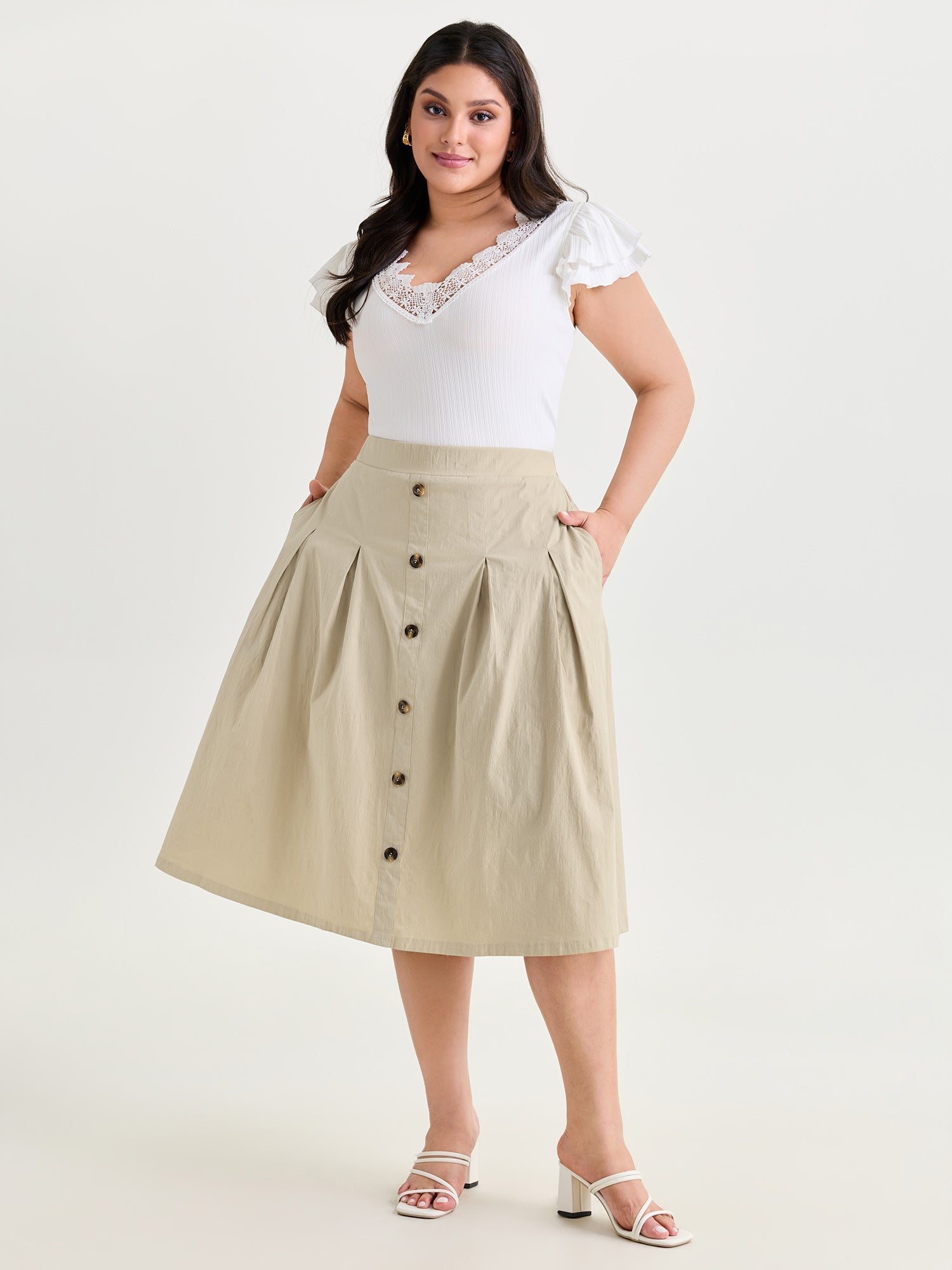 Cotton Button Detail Pleated Solid Midi Skirt