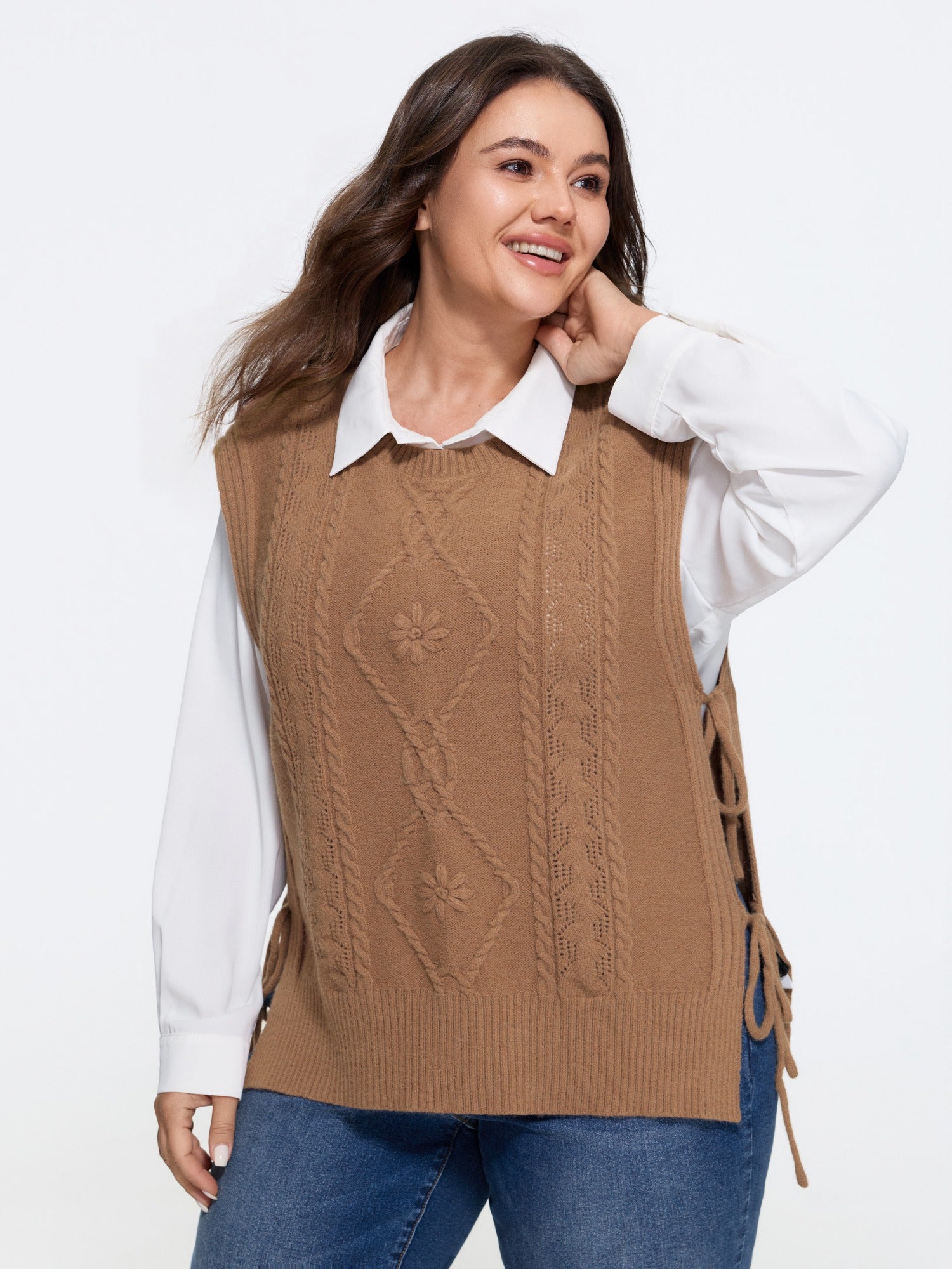 Floral Embossed Side Tie Cable Knit Sweater Vest