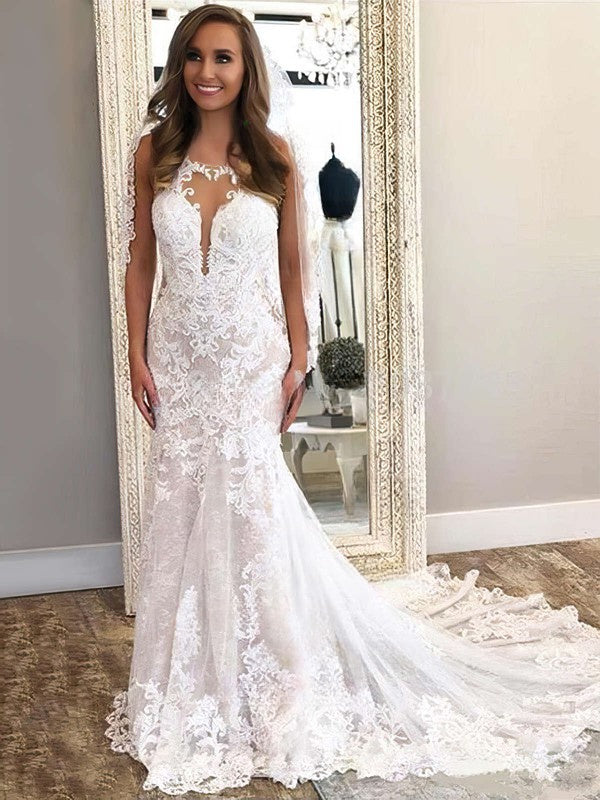 Chic Mermaid Sleeveless Backless Lace Chapel Train Wedding Dresses with Appliques