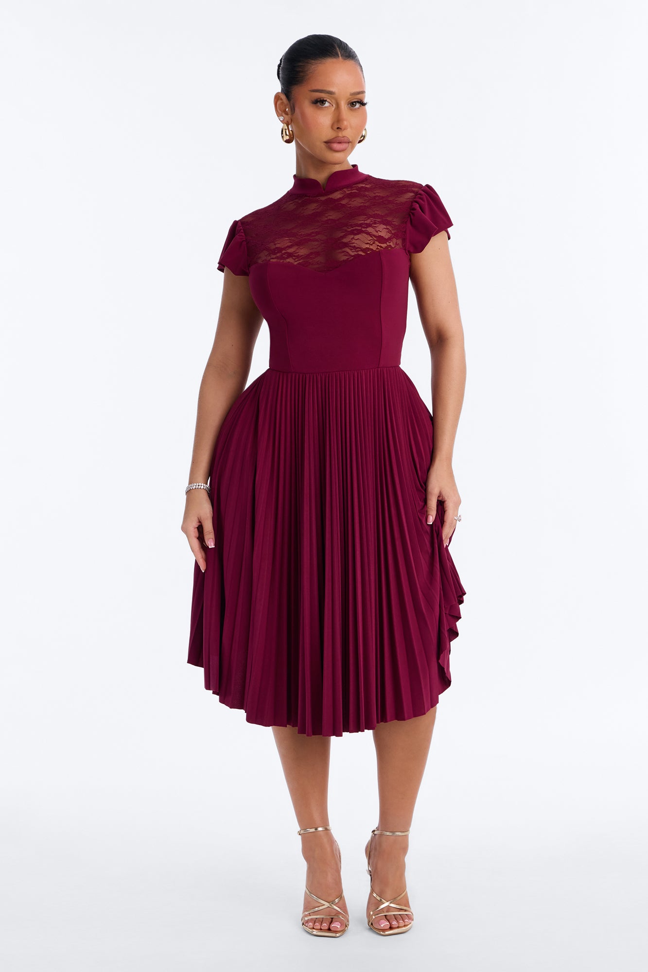 Lila Lace Pleated A Line Midi Dress - Wine