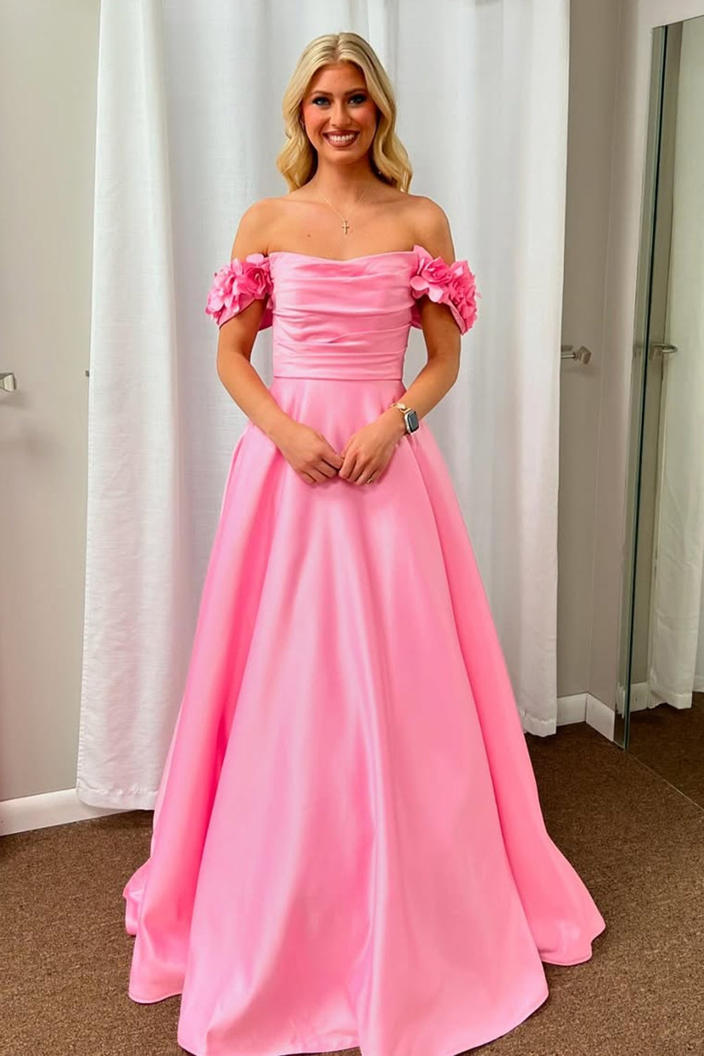 Satin A-Line Long Prom Dress with 3D Flowers in Blush Off the Shoulder