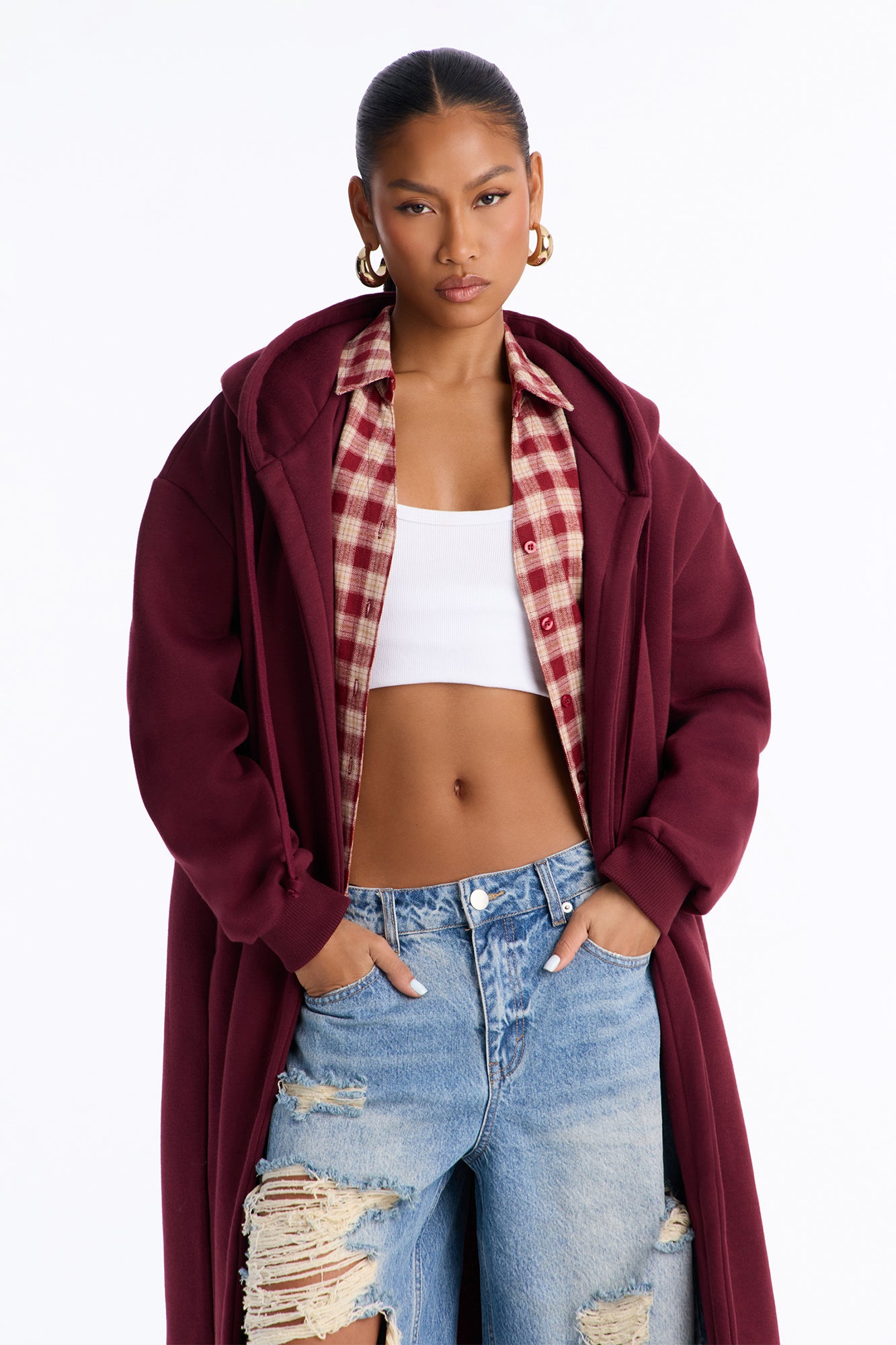 Jolie Cozy Fleece Trench - Burgundy