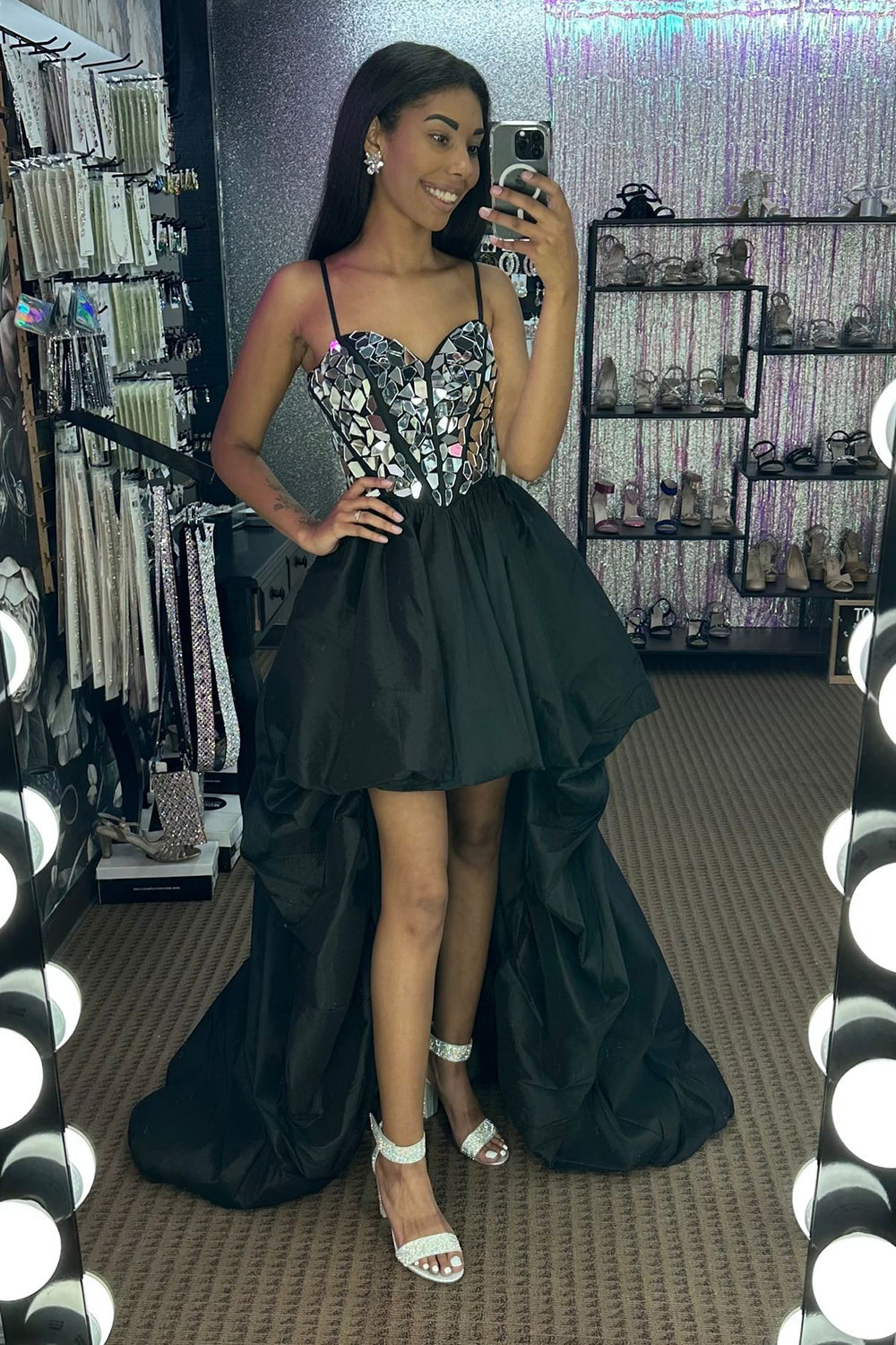 Sparkly Black High Low Satin A-Line Mirror Homecoming Dress/Mini Dress