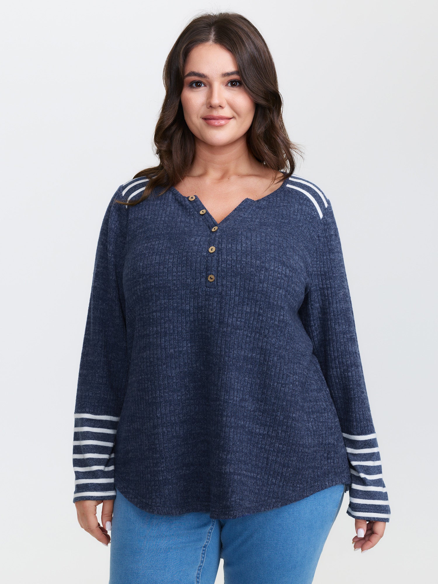 Ribbed Stripe Button Placket T-Shirt