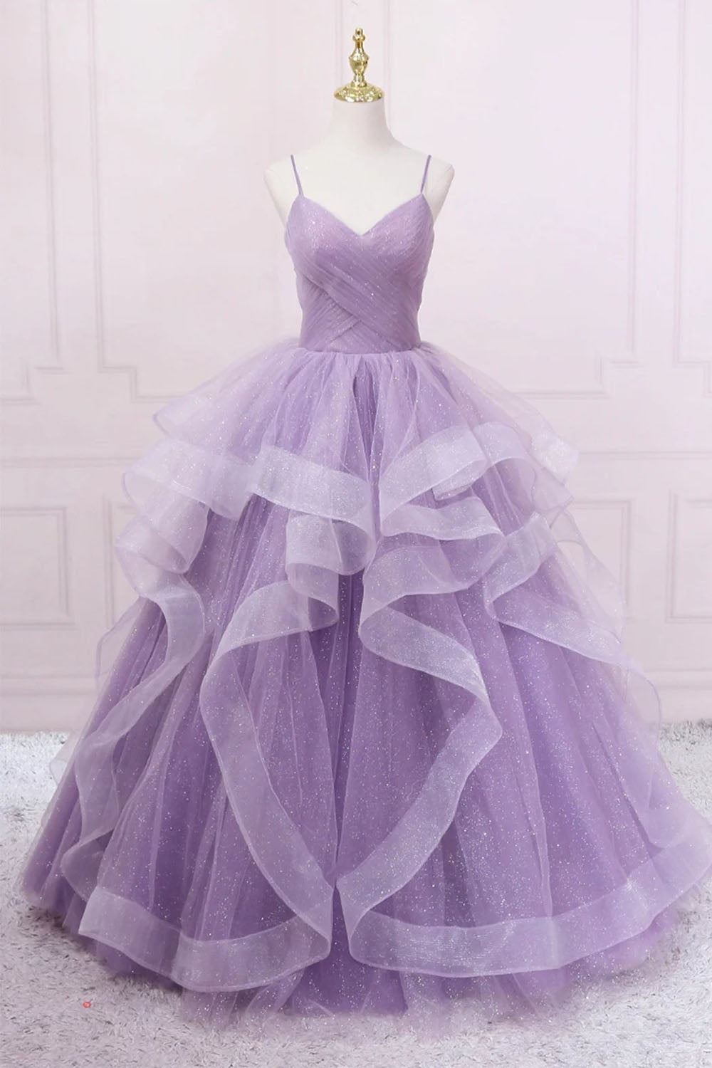 Purple Long Prom Dress with Spaghetti Straps in A-Line Style