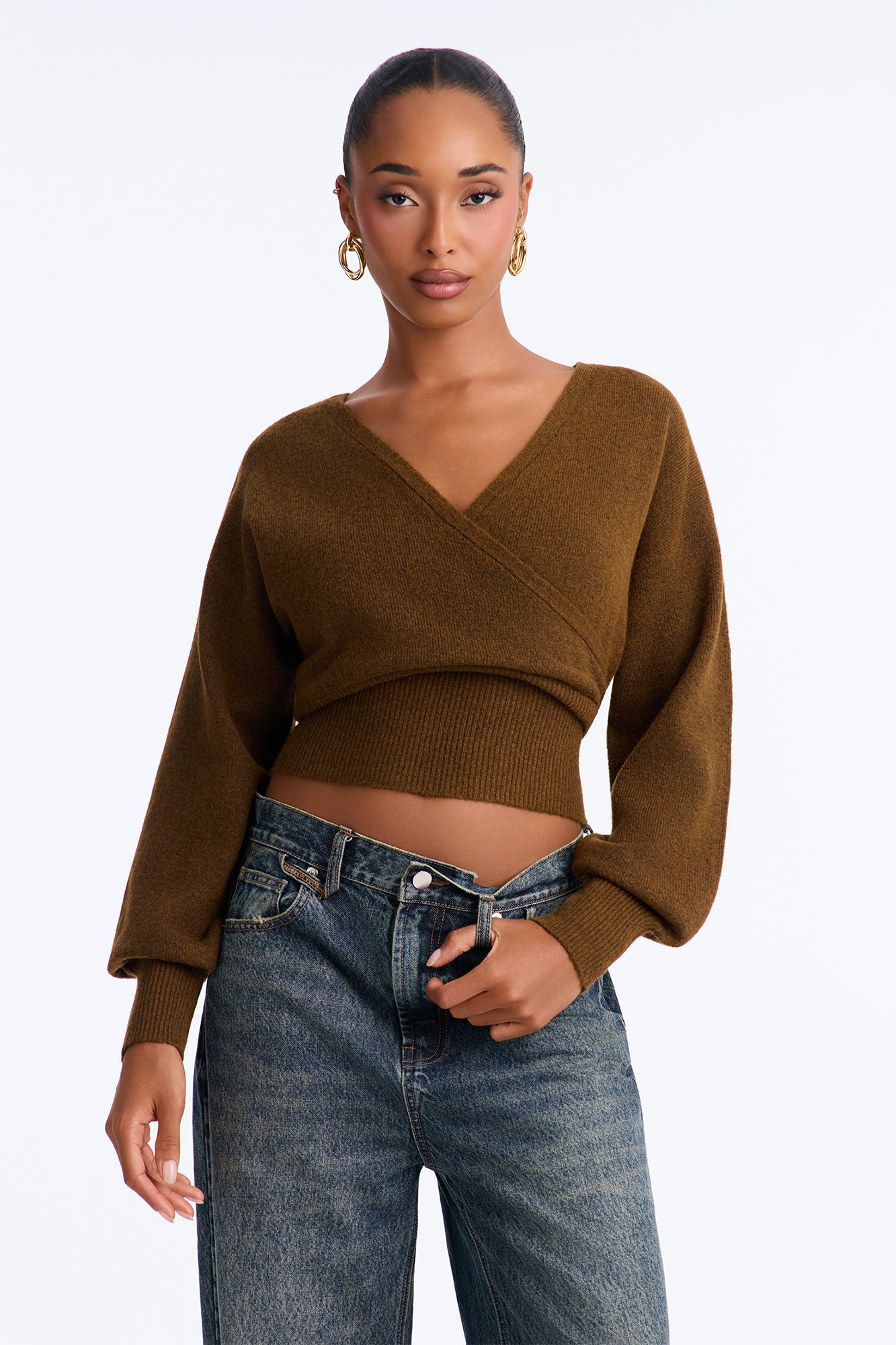 Madalyn Surplice Neck Long Sleeve Sweater - Chocolate