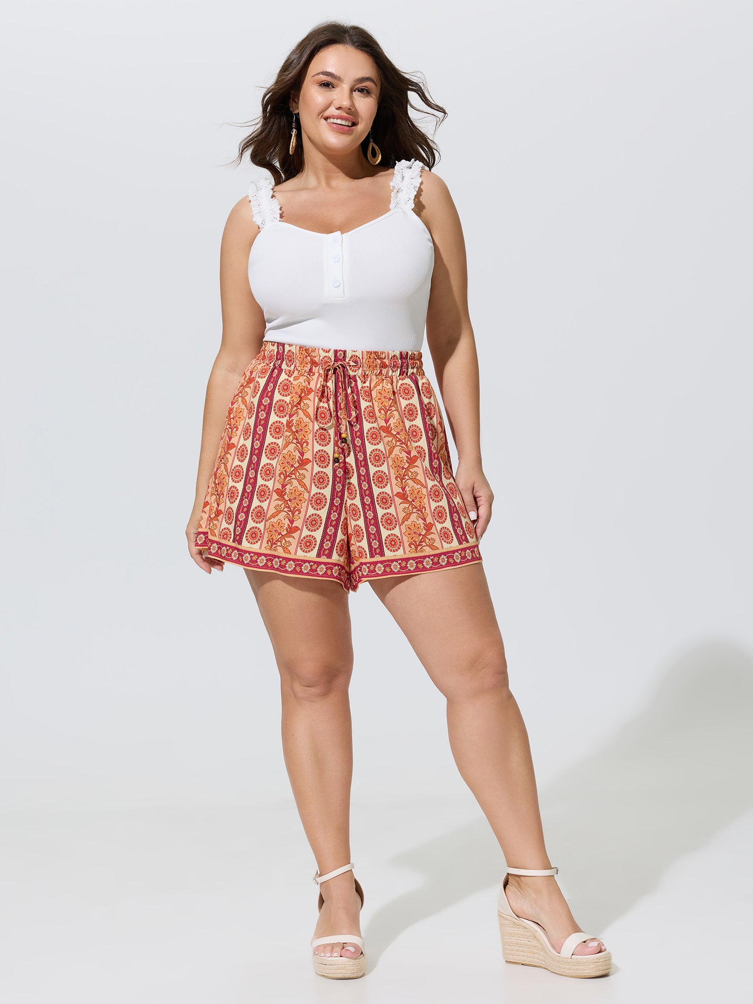 Floral Striped Print Drawstring Shorts
