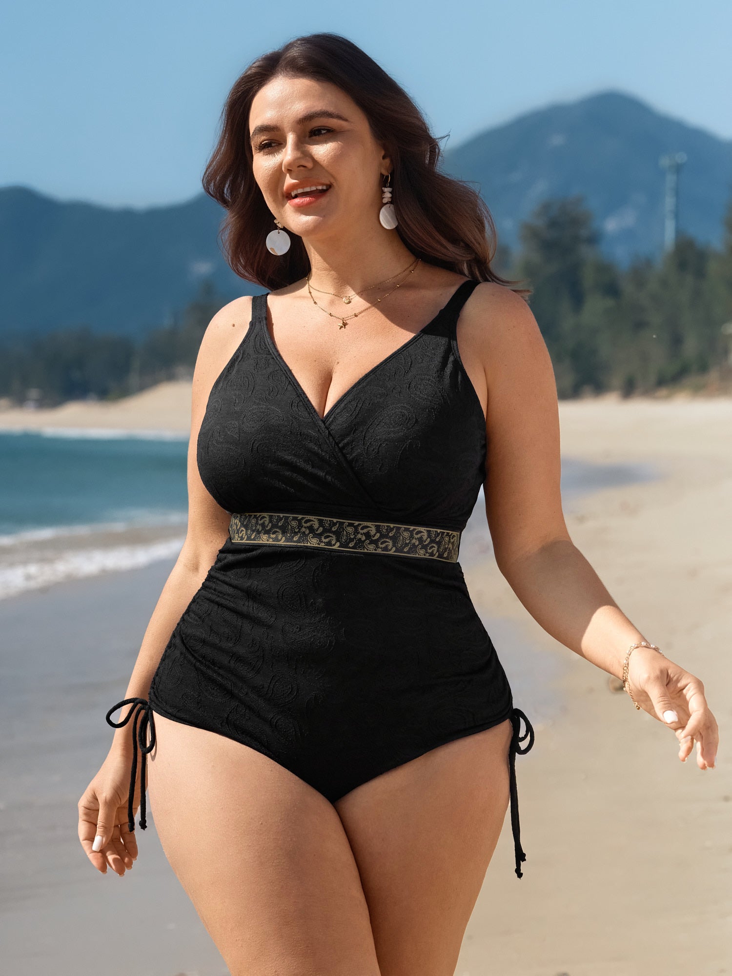 Textured Channel Drawstring One-Piece Swimsuit