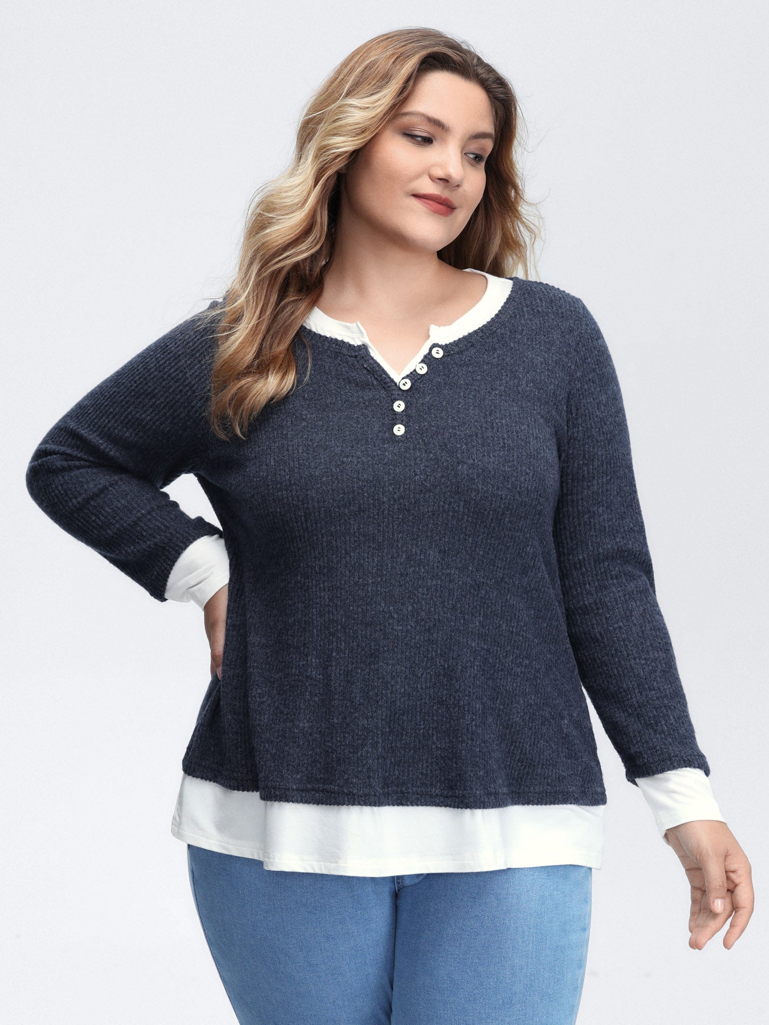 Velvety-Textured Ribbed Layered T-Shirt