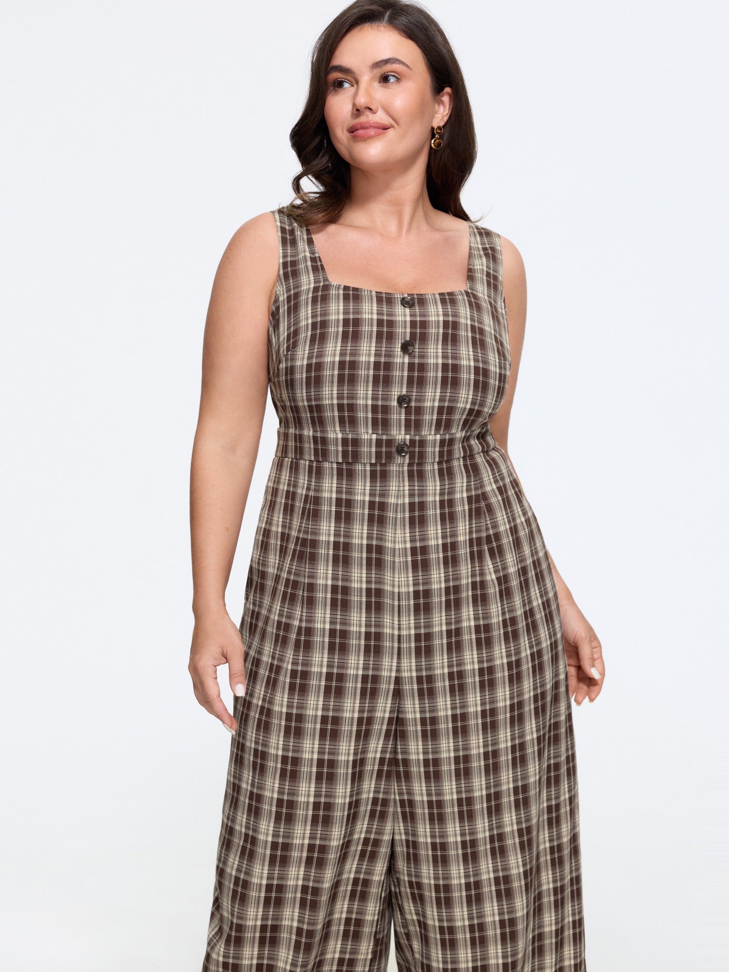 Square Neck Plaid Pocket Wide Leg Jumpsuit