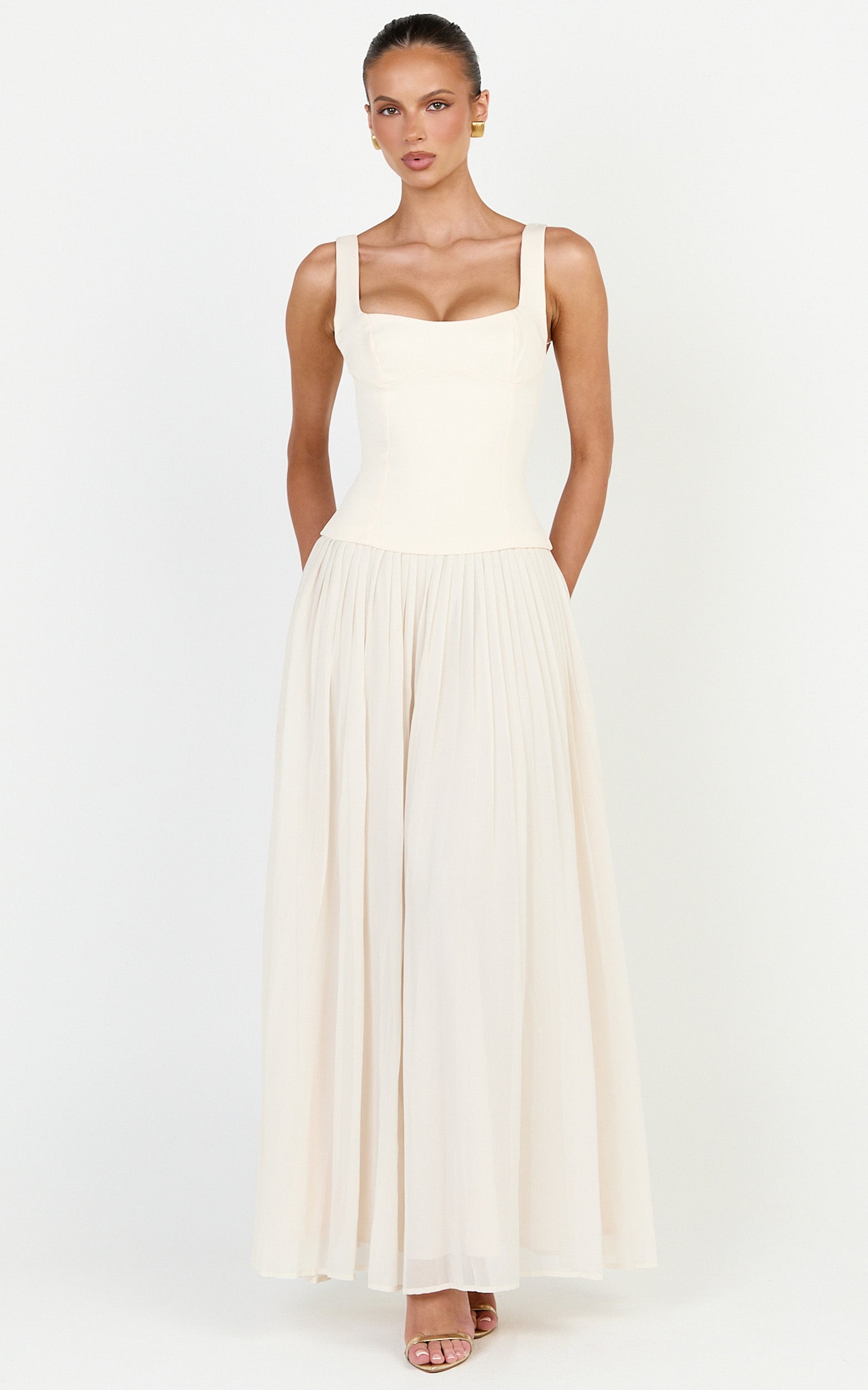 Amoura Maxi Dress - Square Neck Contrast Pleated Georgette Dress in Cream