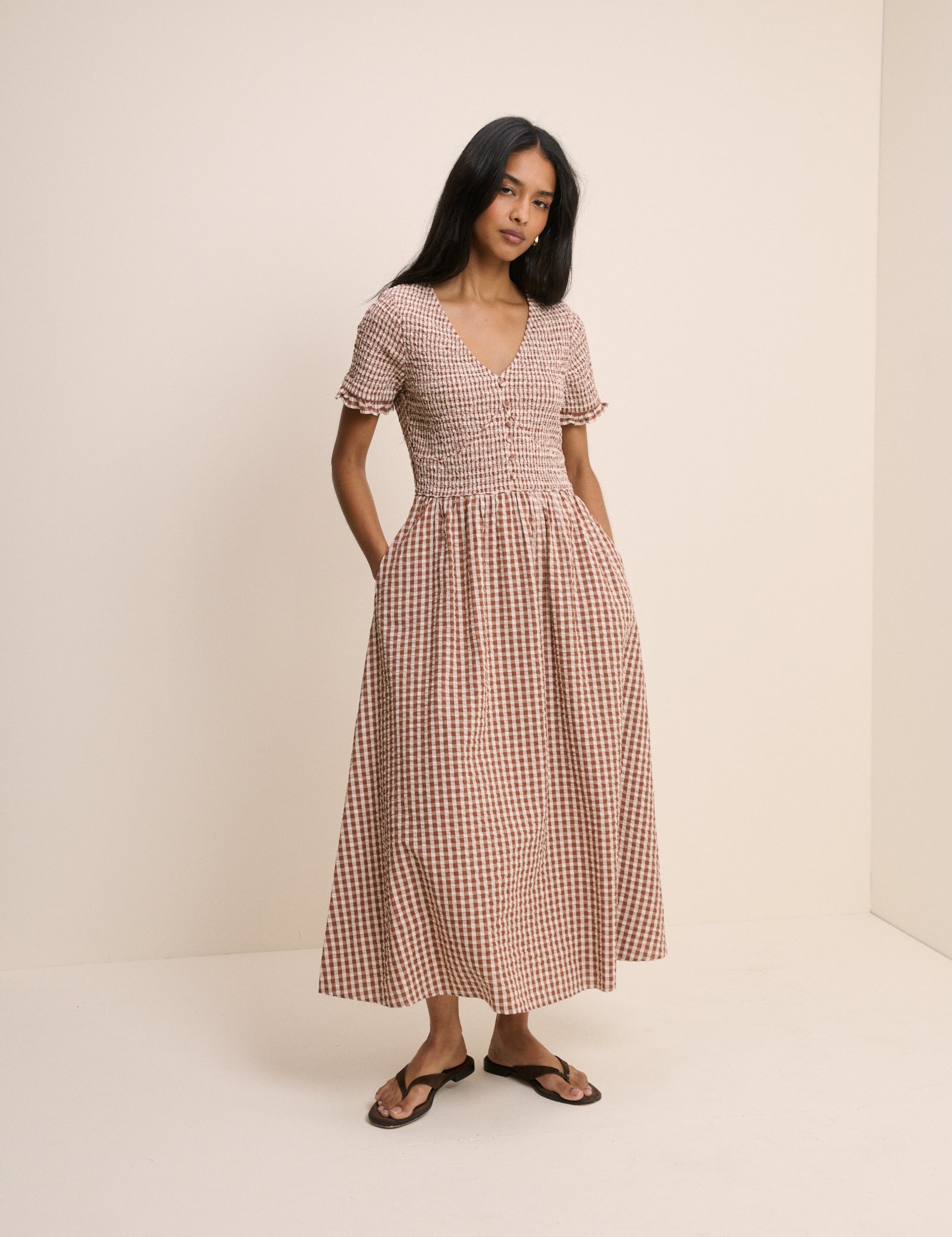 Brown Gingham Shirred Eliza Midi Dress