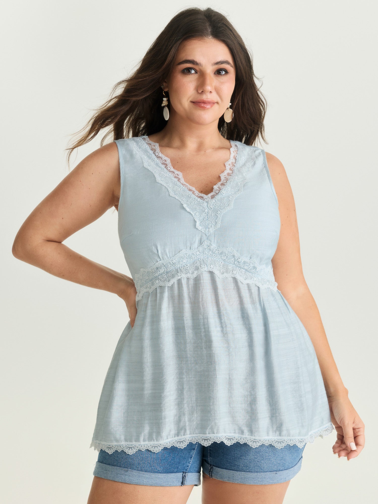 Lace Neckline Plain Blouse