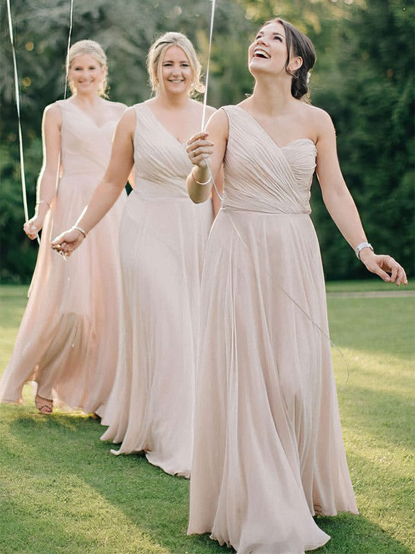 Gorgeous Floor-Length One Shoulder Chiffon A-Line Bridesmaid Dresses with Ruffles