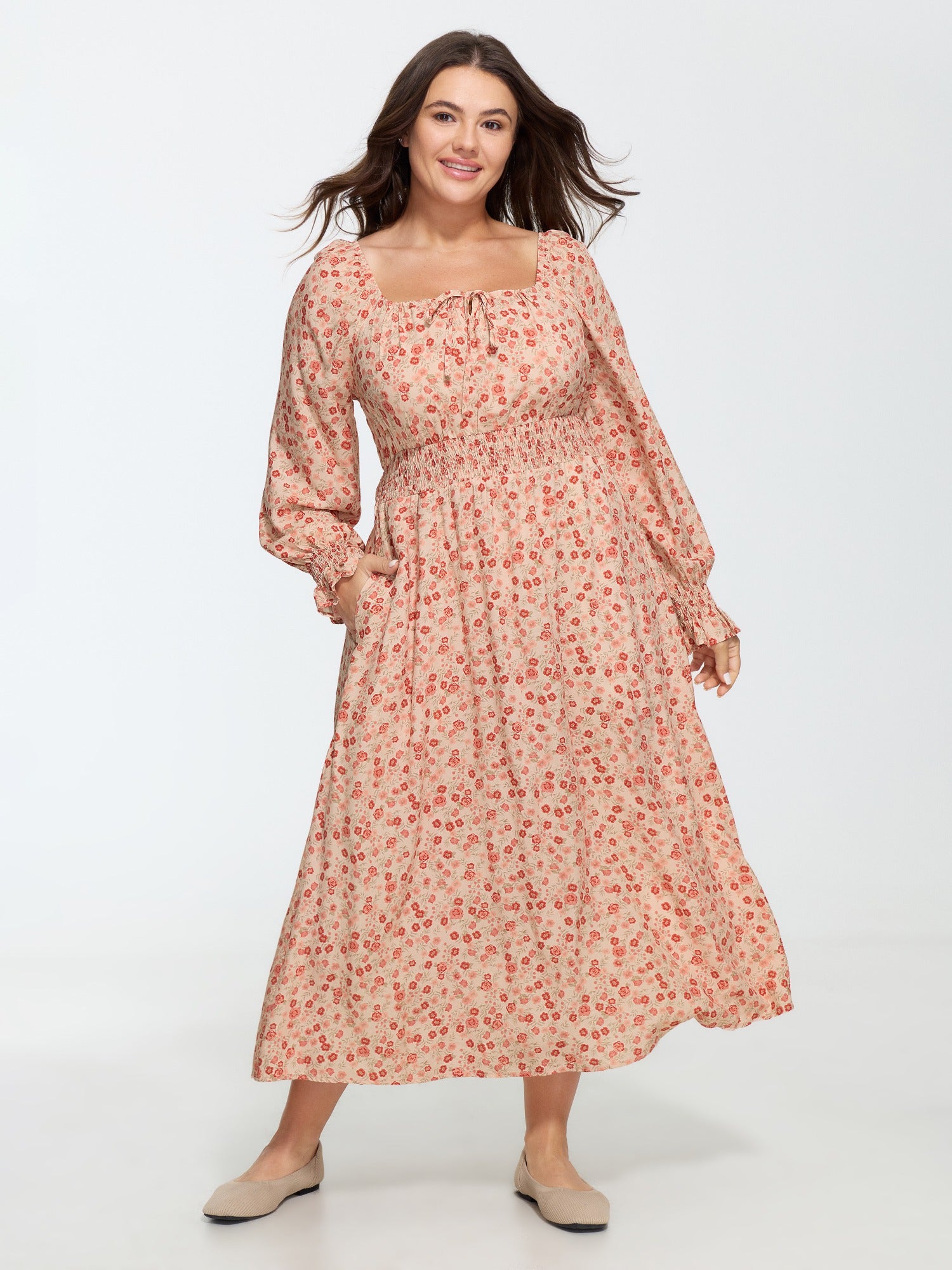 Supersoft Floral Print Tie Front Shirred Waist Midi Dress