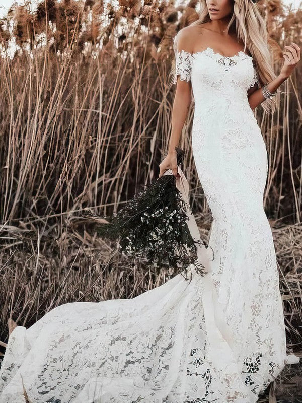 Stylish Mermaid Sweetheart Off-The-Shoulder Lace Chapel Train Wedding Dresses