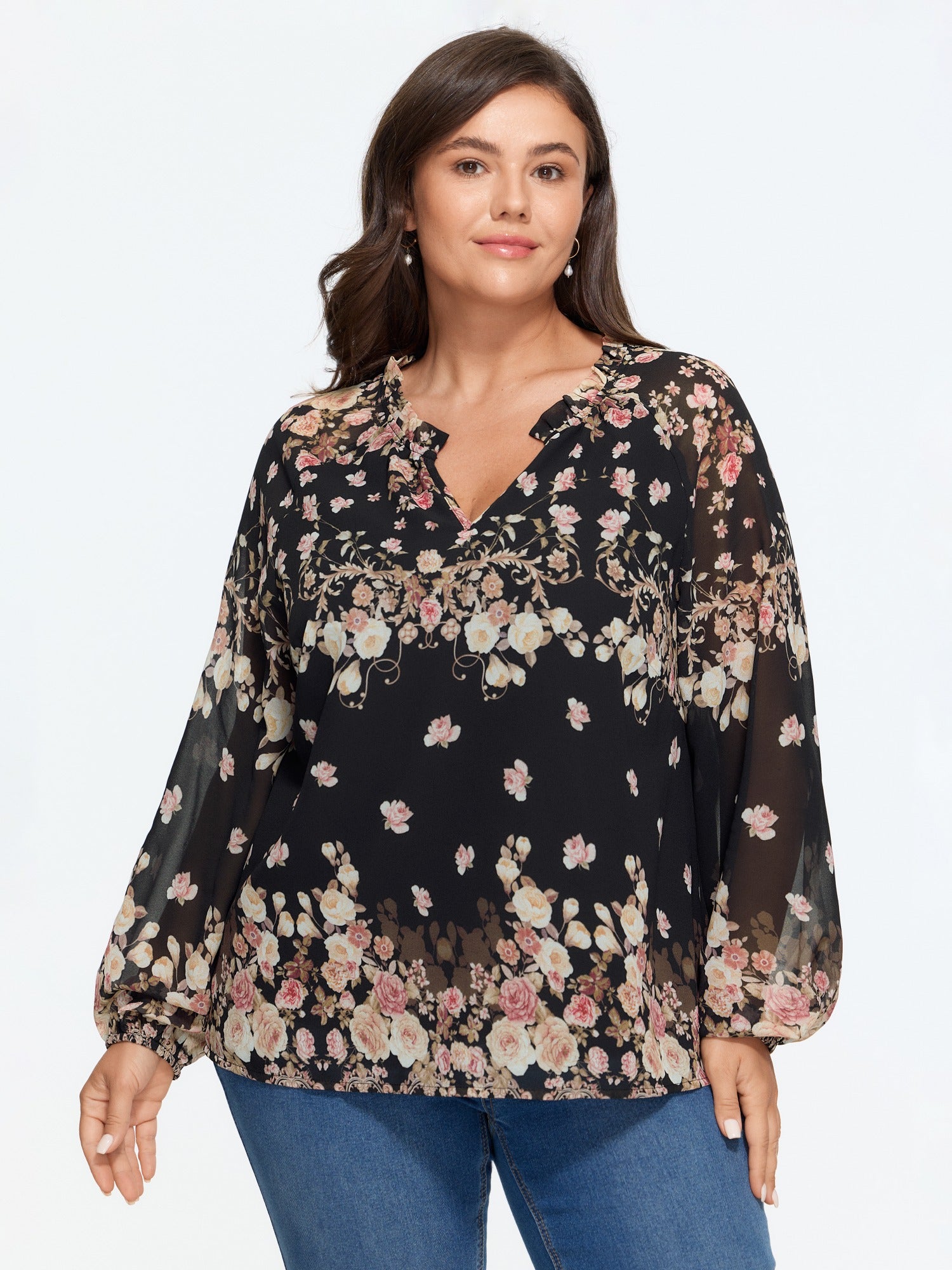 Floral Print Puff Sleeve Sheer Chiffon Blouse